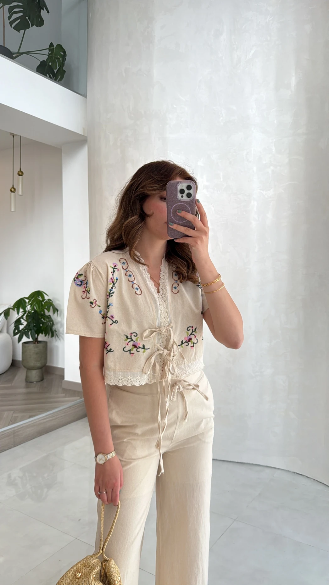 Bej Nakışlı Keten Pantolon Bluz Takım - Kod: 3032