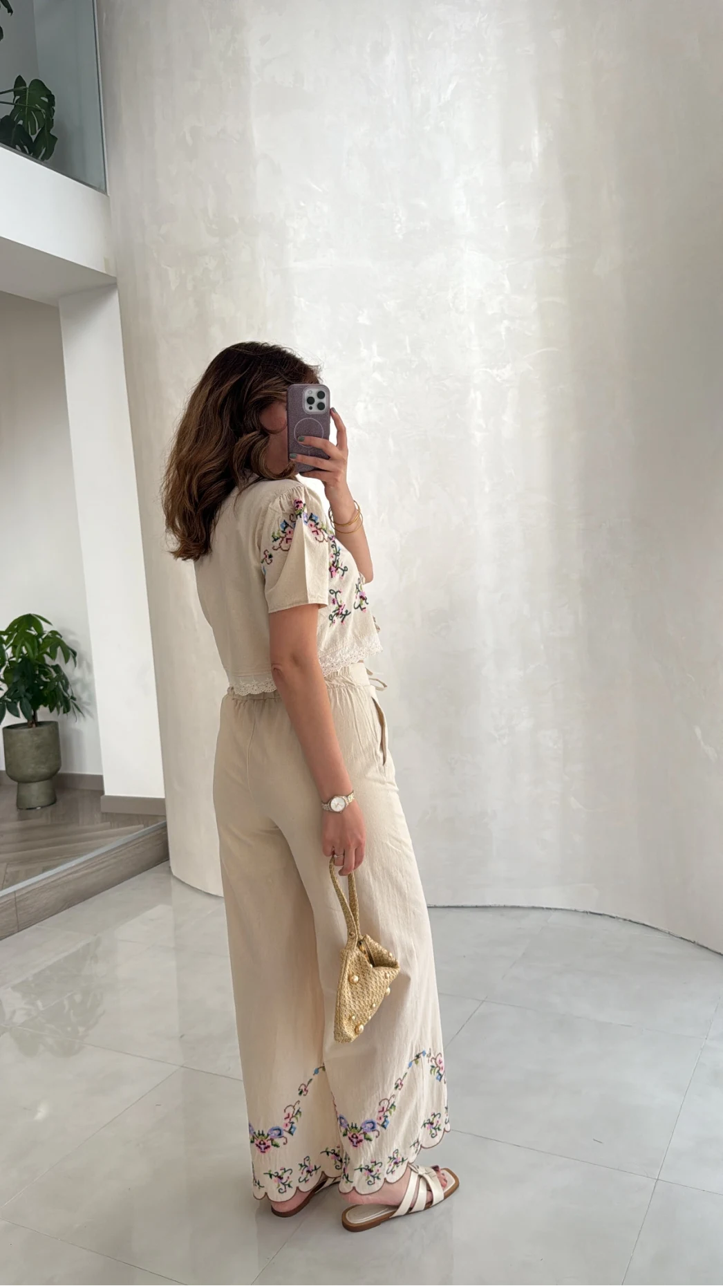 Bej Nakışlı Keten Pantolon Bluz Takım - Kod: 3032