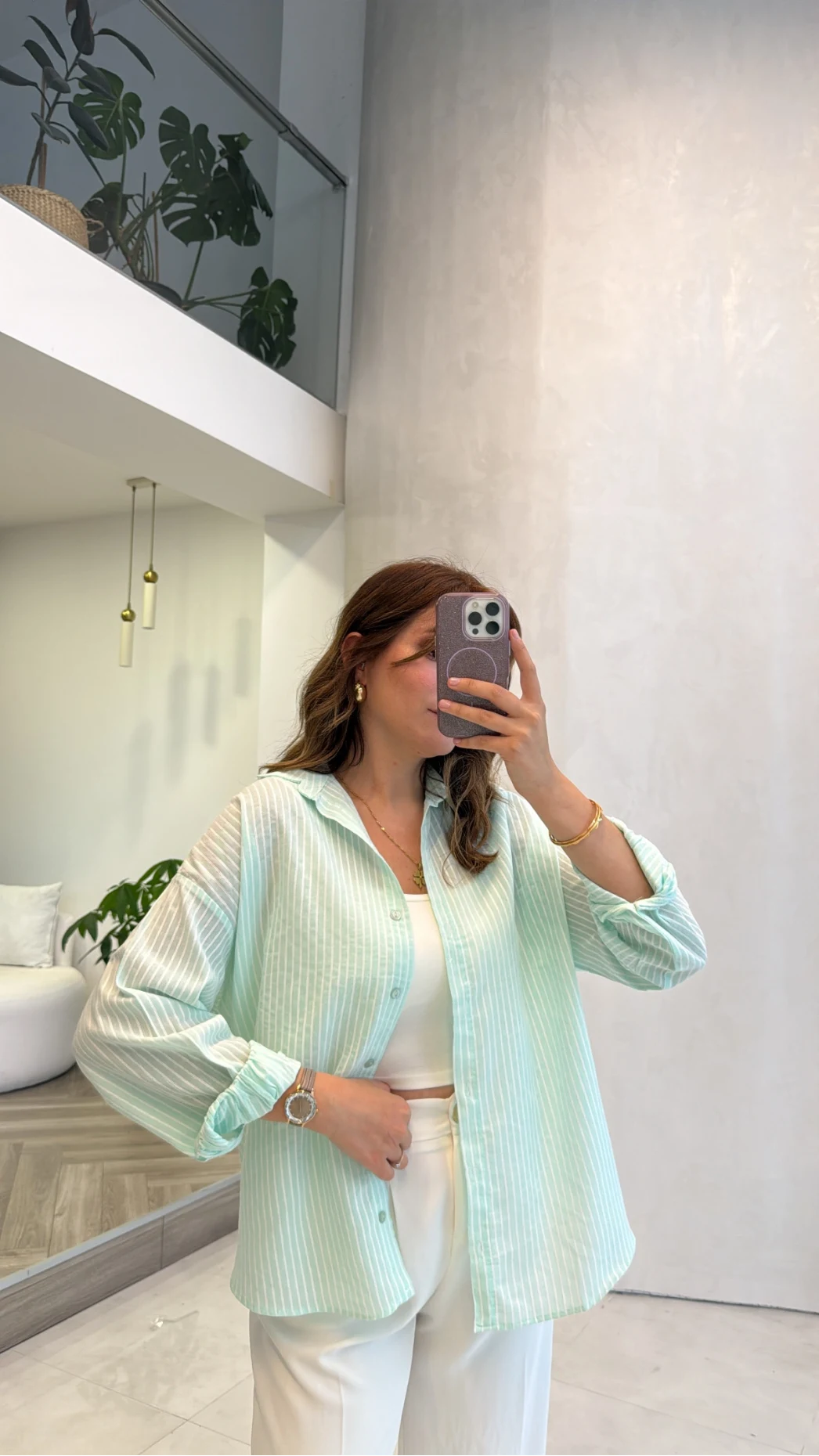 Mint Çizgili Oversize Uzun Gömlek - Kod: 2021