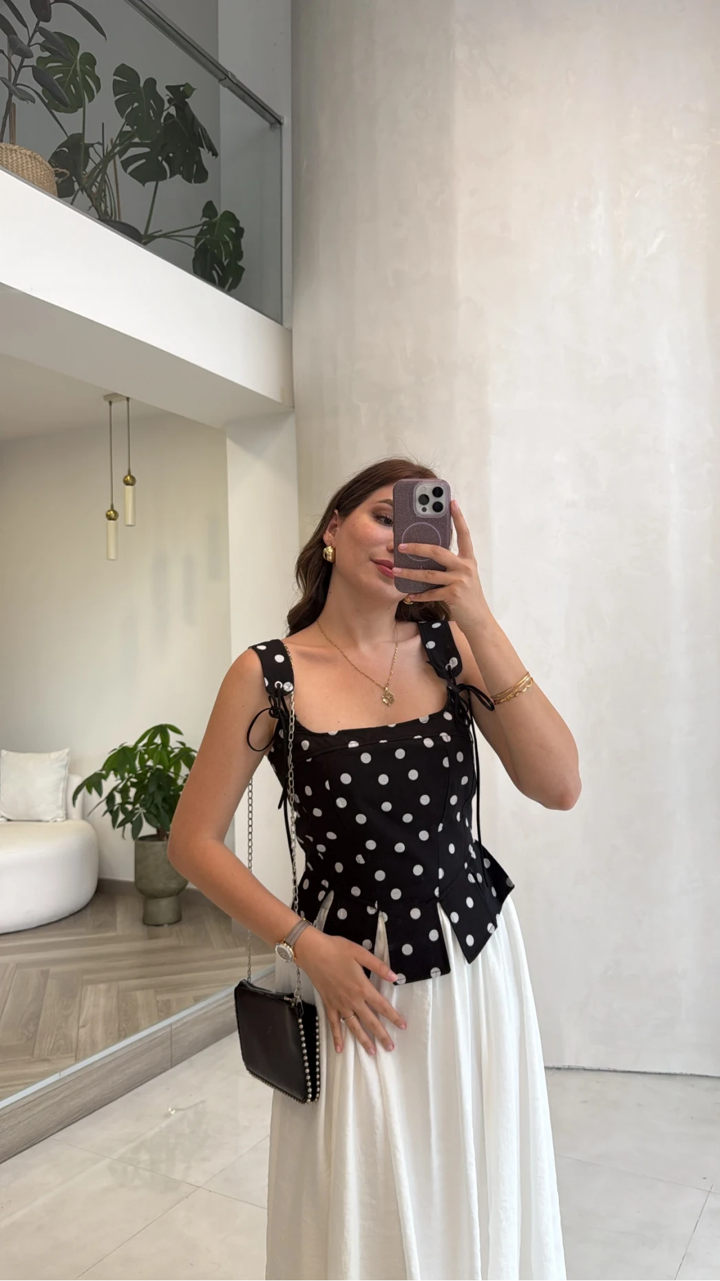 Puantiye Desenli Askılı Korse Bluz - Siyah - Kod: 58559