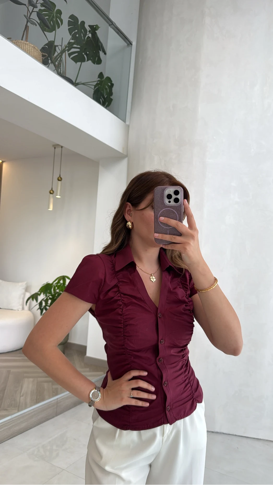 Dilvin Büzgülü Bluz - Bordo - Kod: 50546