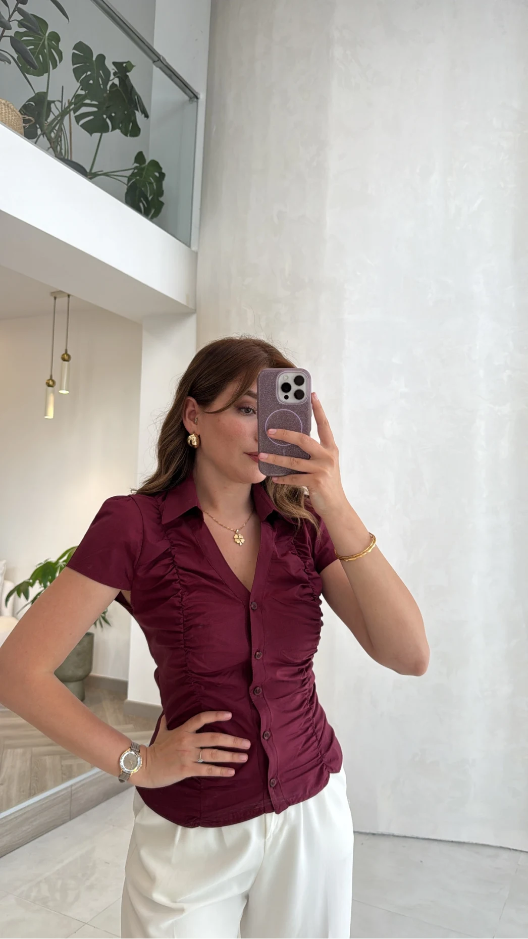 Dilvin Büzgülü Bluz - Bordo - Kod: 50546