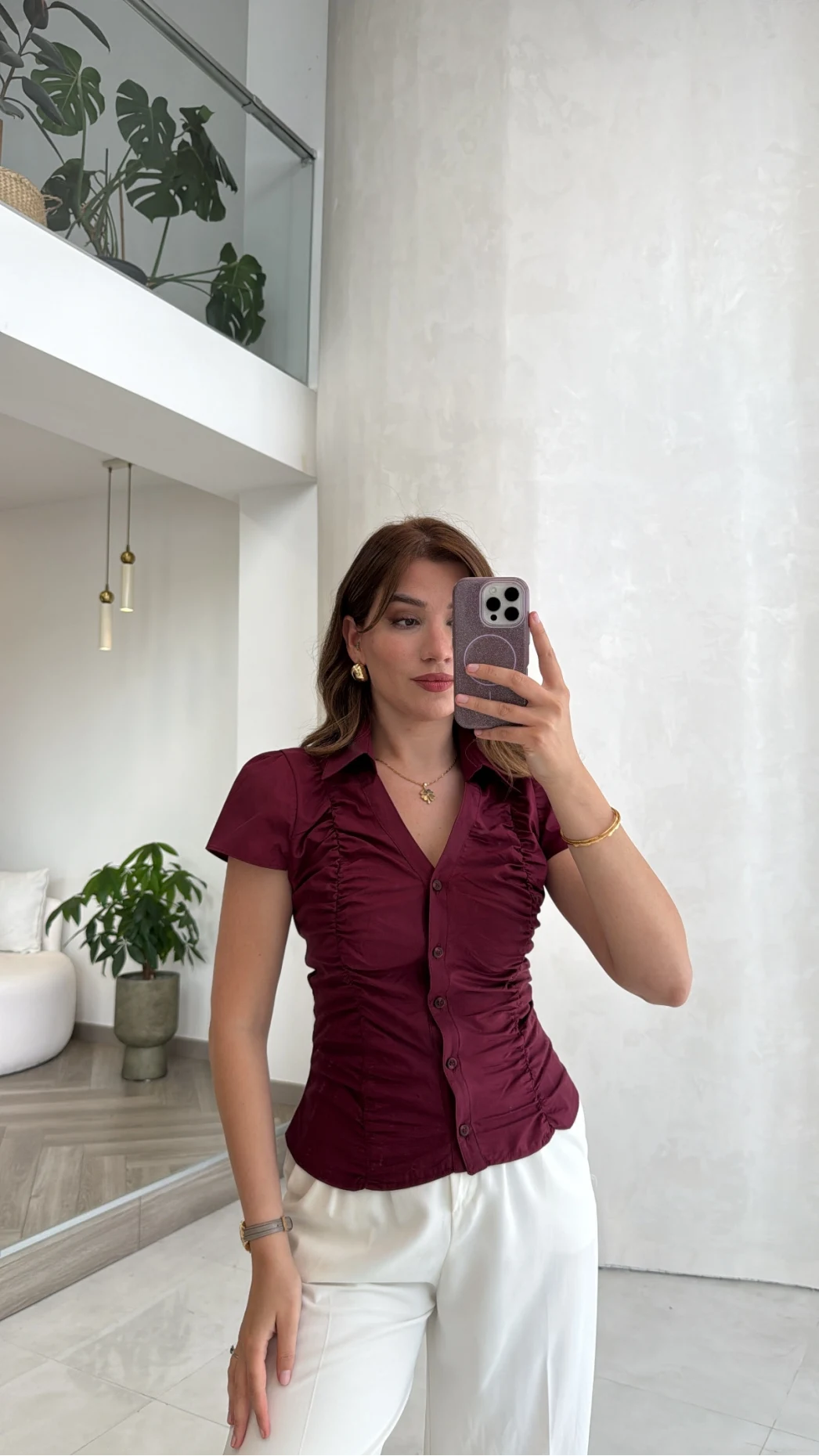 Dilvin Büzgülü Bluz - Bordo - Kod: 50546