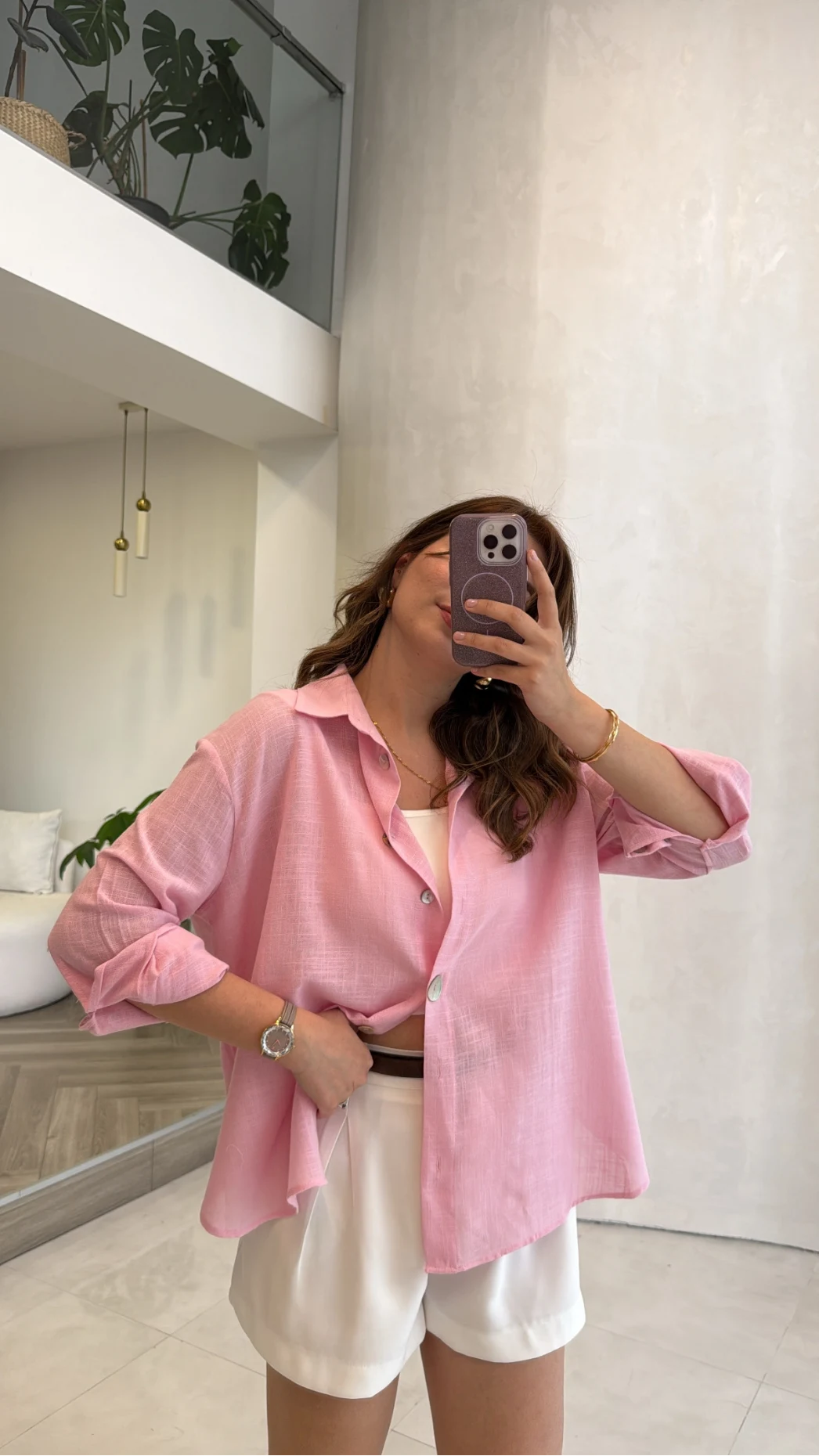 Uzun Kollu Keten Gömlek - Pembe - Kod: 580384