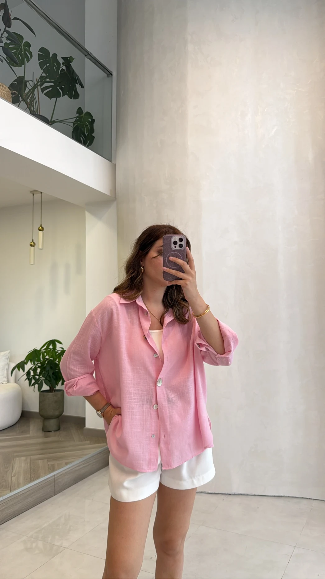 Uzun Kollu Keten Gömlek - Pembe - Kod: 580384
