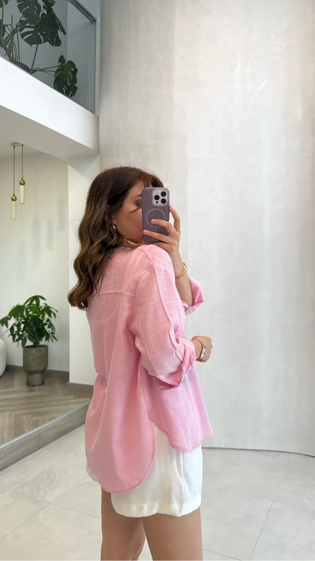 Uzun Kollu Keten Gömlek - Pembe - Kod: 580384