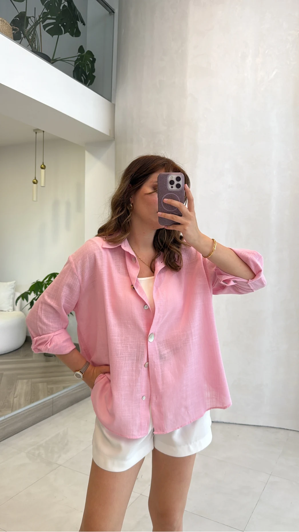 Uzun Kollu Keten Gömlek - Pembe - Kod: 580384