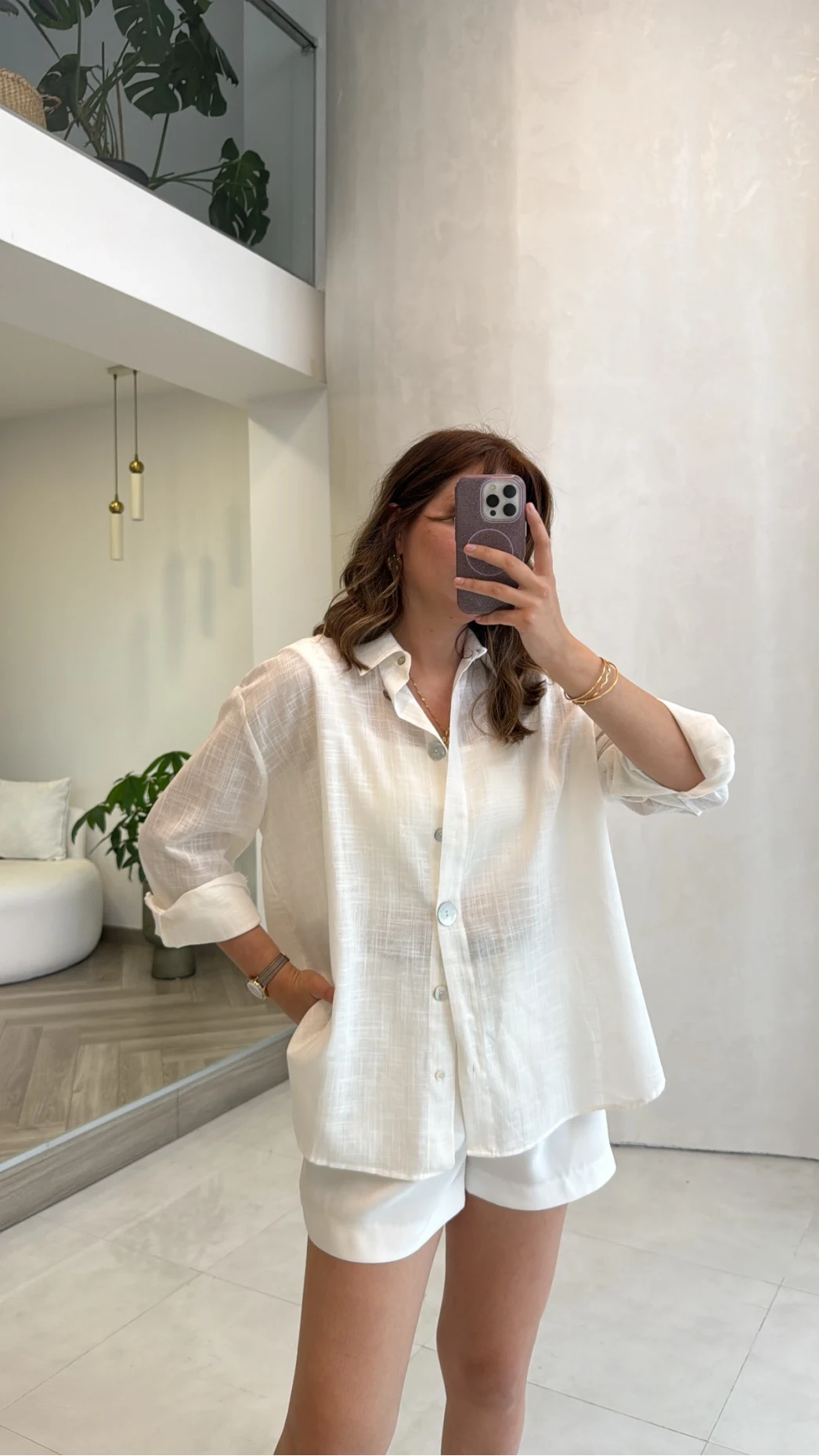 Uzun Kollu Keten Gömlek - Beyaz - Kod: 580384