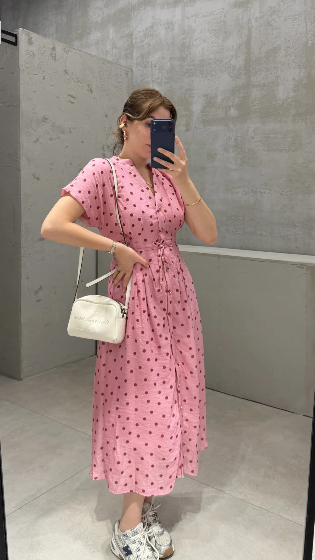 Eclipse Beli Pileli Puantiye Desen Bağcıklı Düğmeli Elbise - Pembe - Kod: 3083