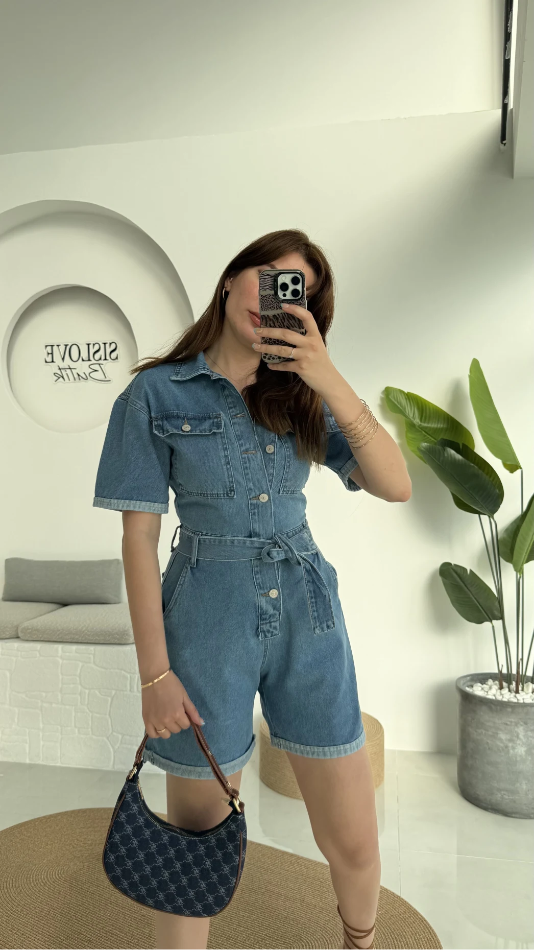Açık Mavi Kısa Şort Denim Tulum