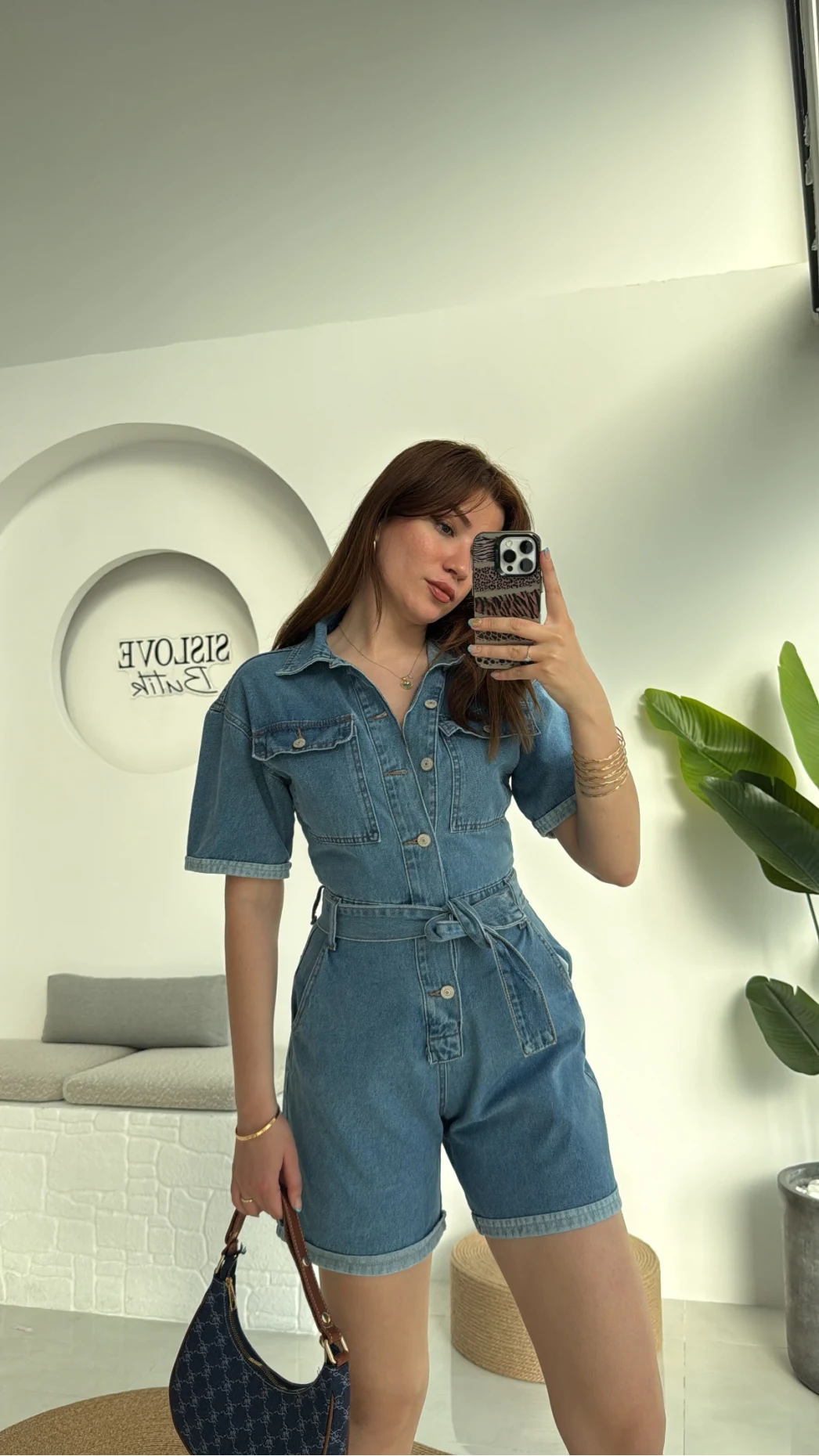 Açık Mavi Kısa Şort Denim Tulum