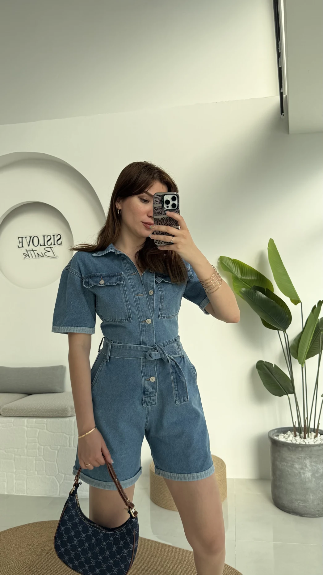 Açık Mavi Kısa Şort Denim Tulum