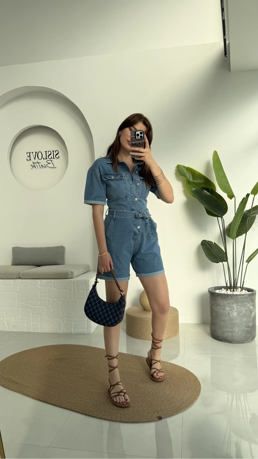 Açık Mavi Kısa Şort Denim Tulum