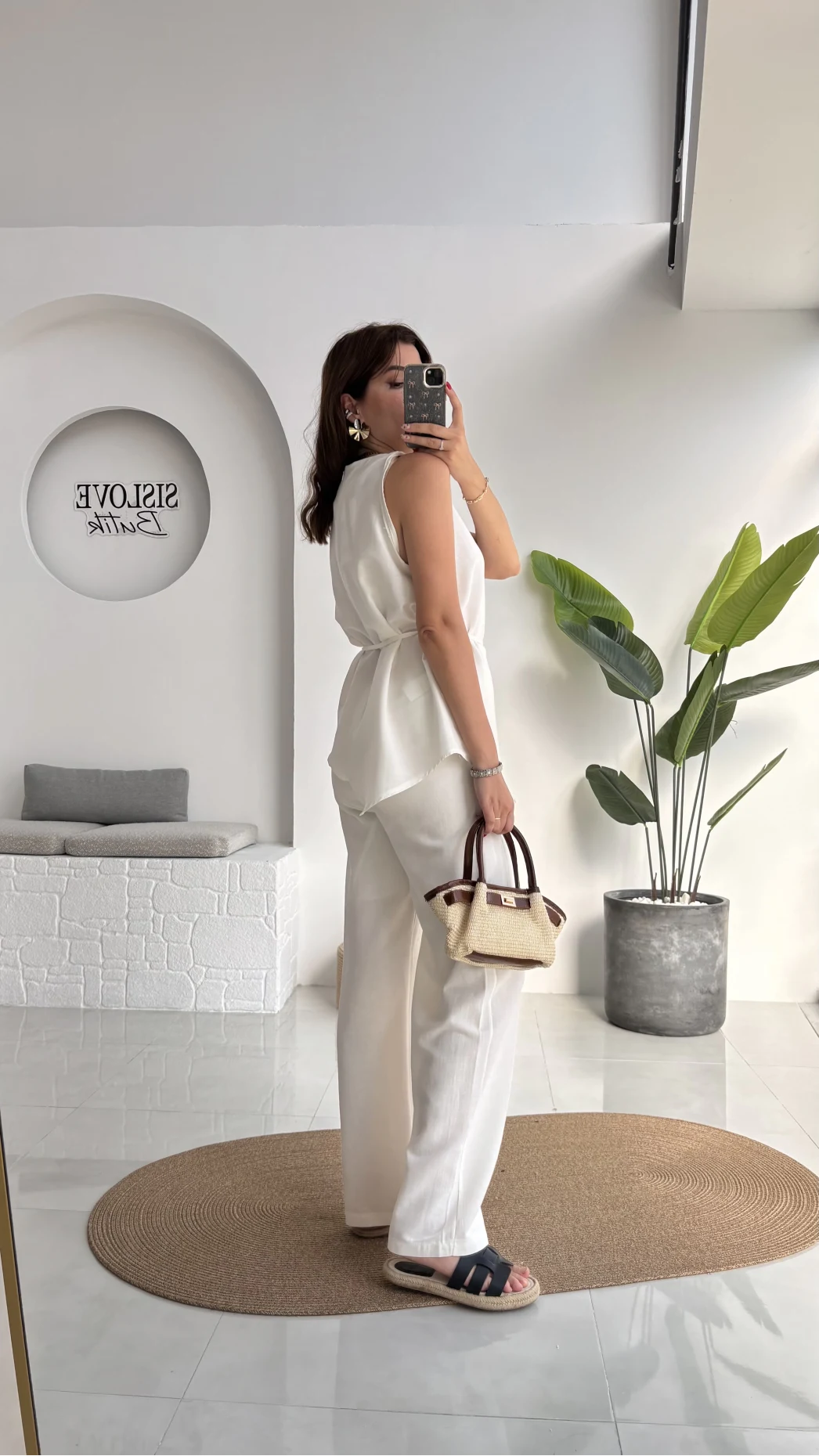 Adel Kuşaklı Asimetrik Bluz Pantolon Takım - Beyaz - 8784