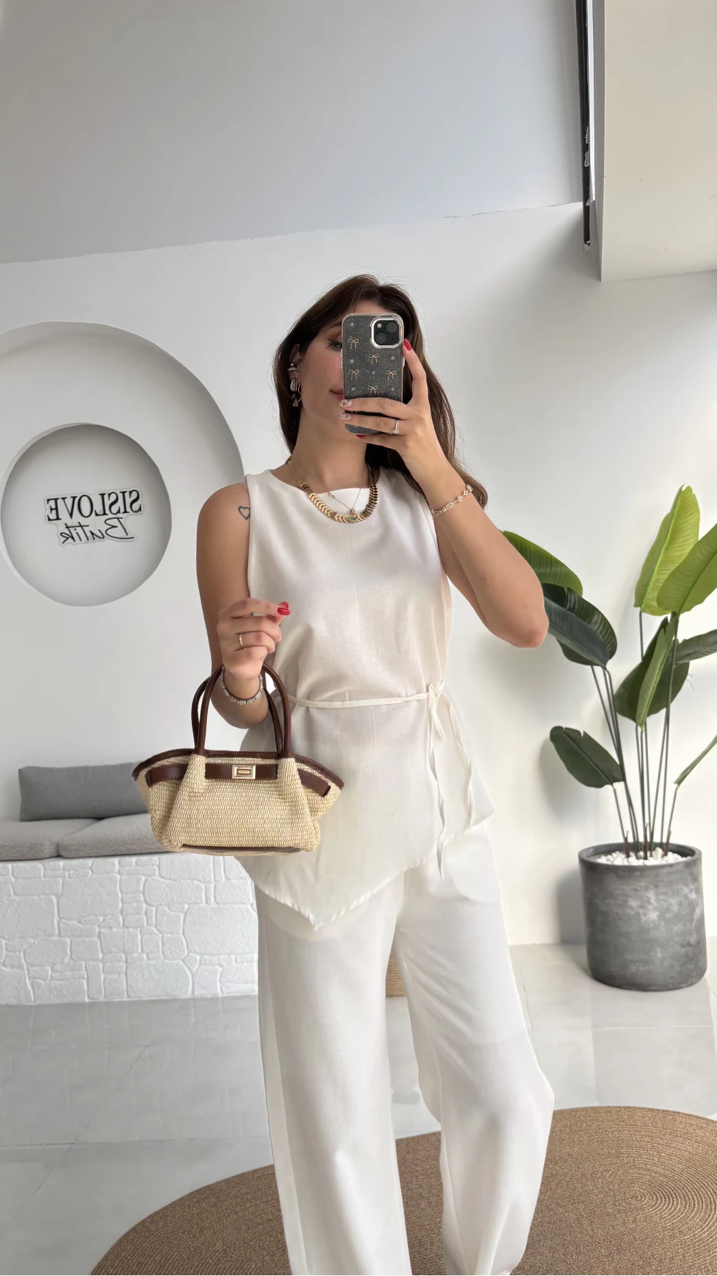 Adel Kuşaklı Asimetrik Bluz Pantolon Takım - Beyaz - 8784