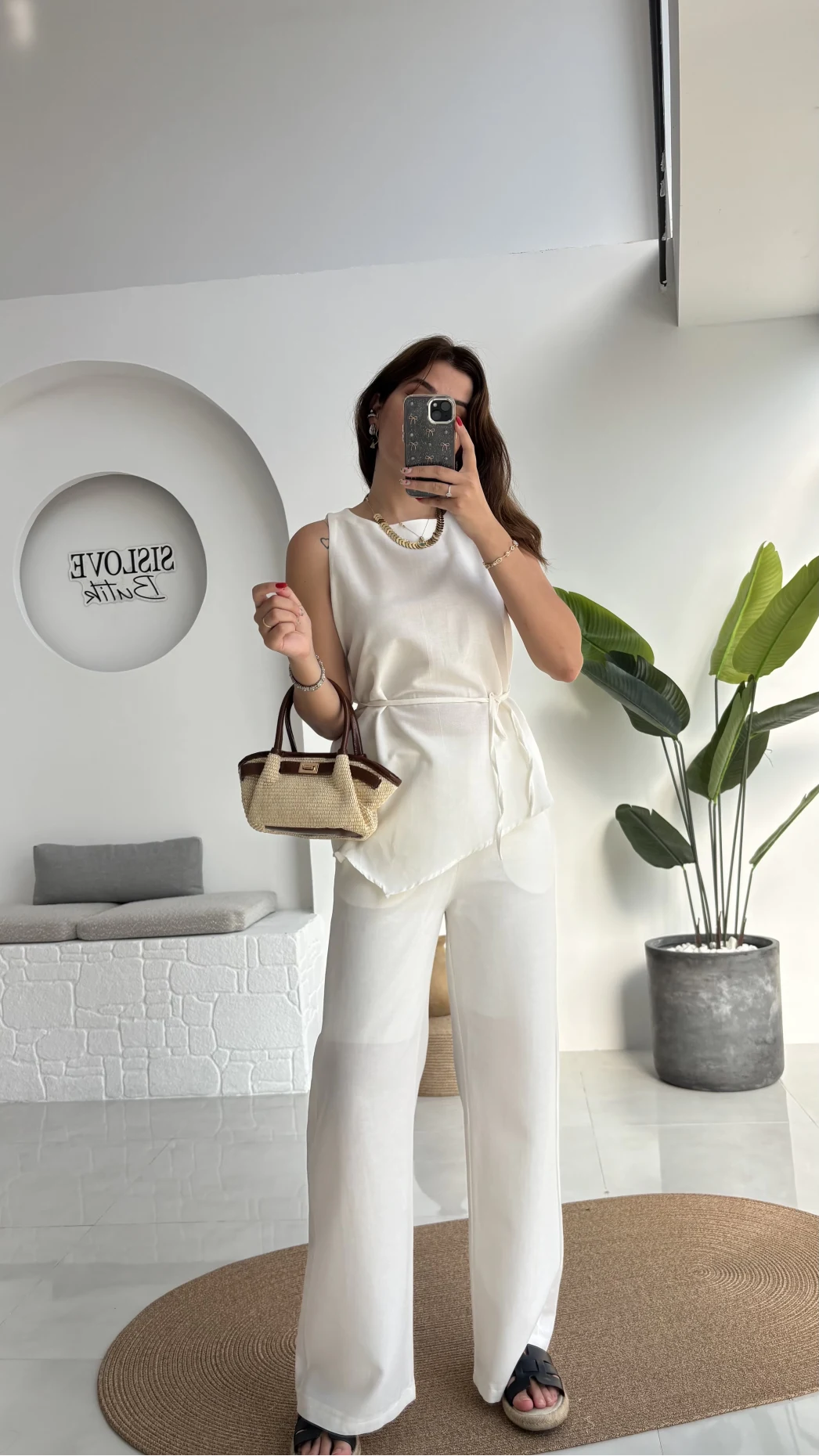 Adel Kuşaklı Asimetrik Bluz Pantolon Takım - Beyaz - 8784