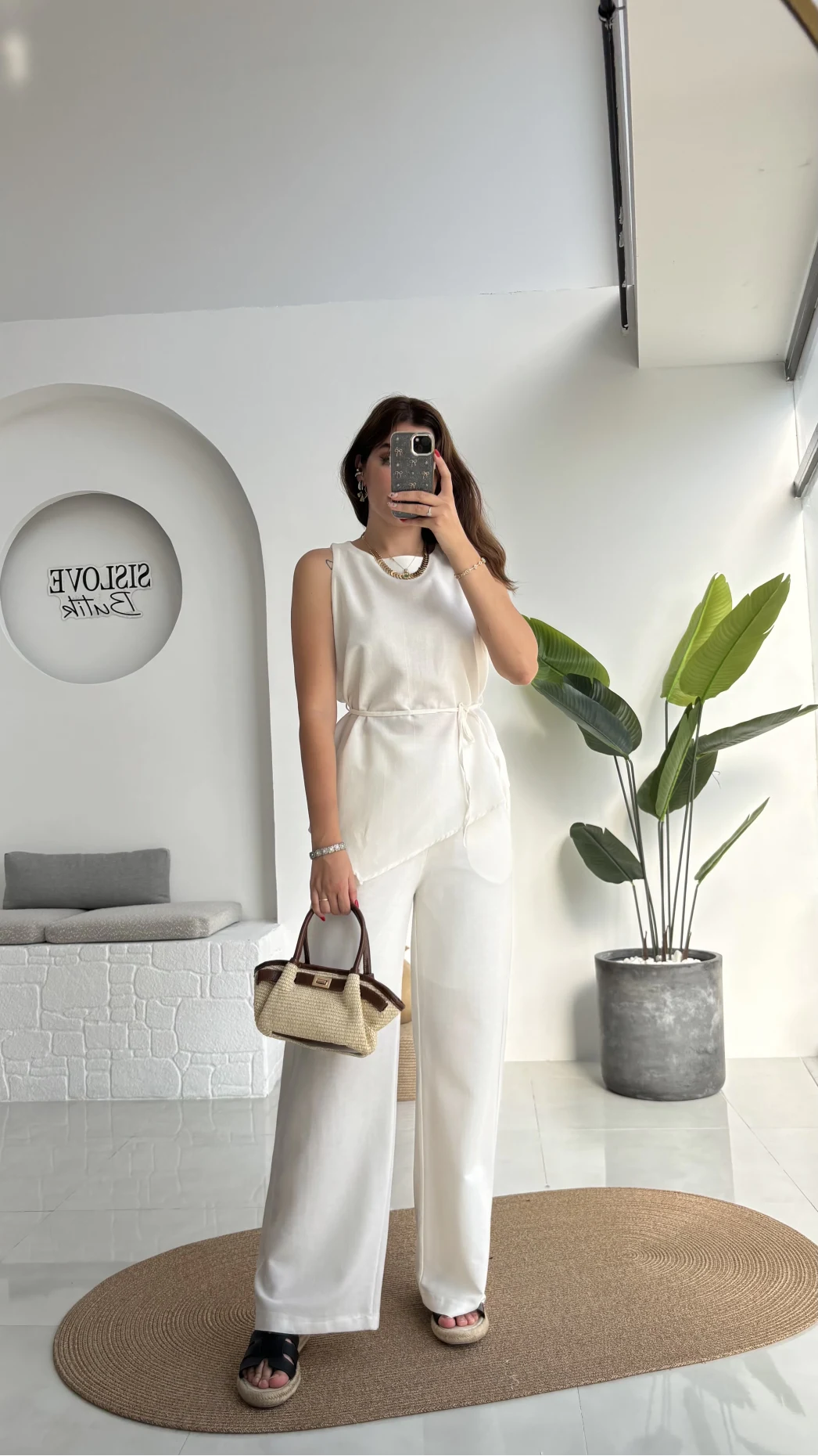 Adel Kuşaklı Asimetrik Bluz Pantolon Takım - Beyaz - 8784