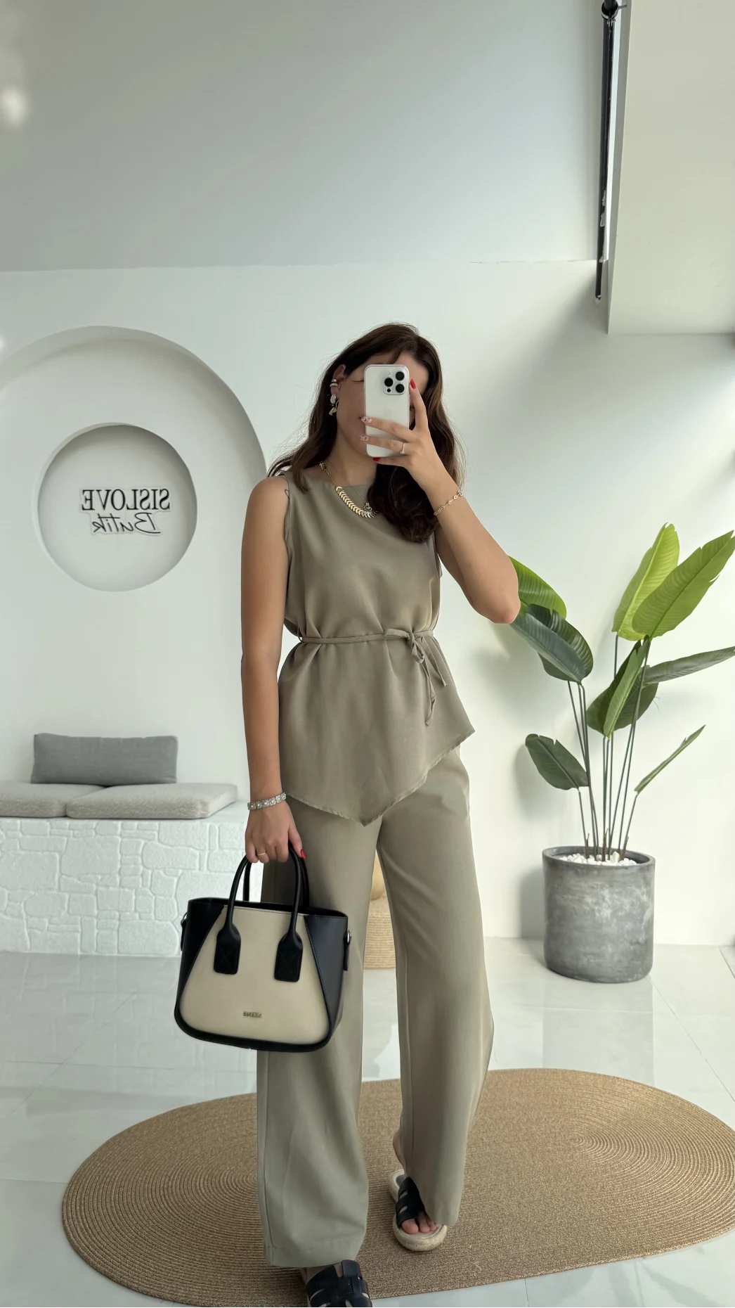 Adel Kuşaklı Asimetrik Bluz Pantolon Takım - Haki - 8784