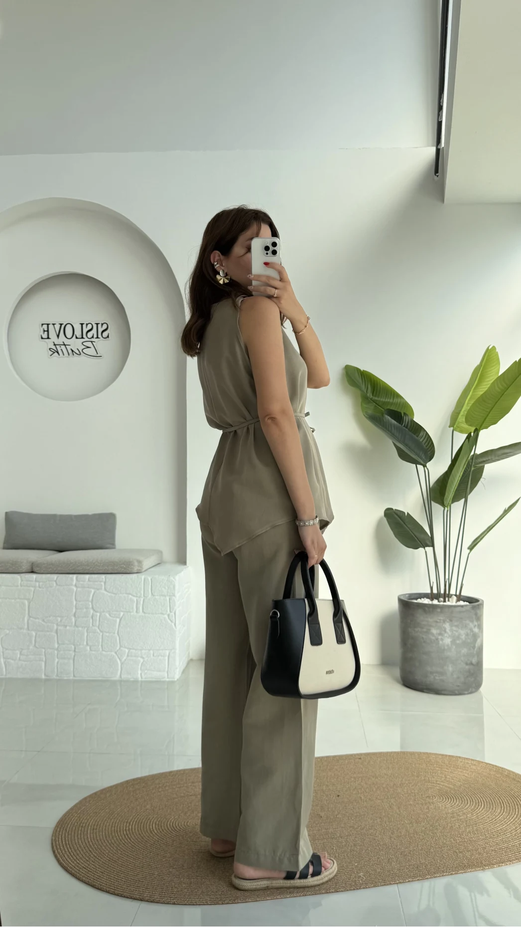 Adel Kuşaklı Asimetrik Bluz Pantolon Takım - Haki - 8784