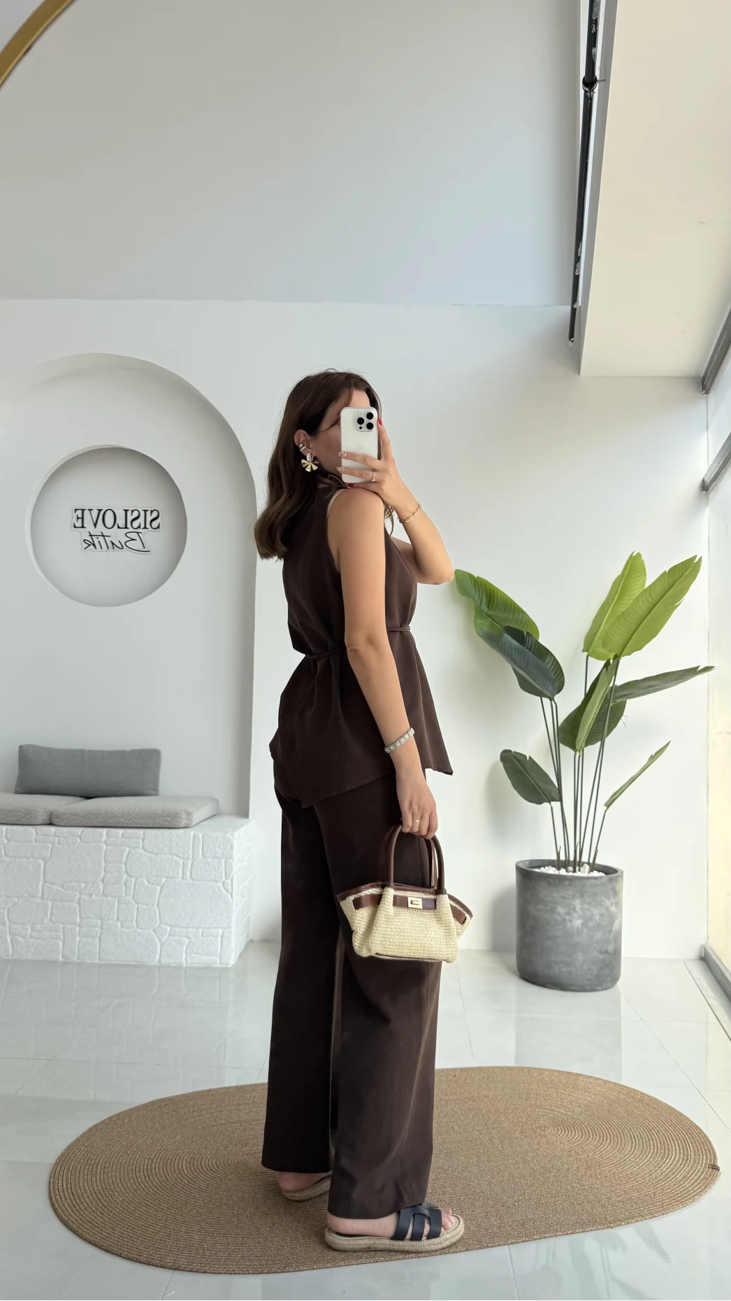 Adel Kuşaklı Asimetrik Bluz Pantolon Takım - Kahve - 8784
