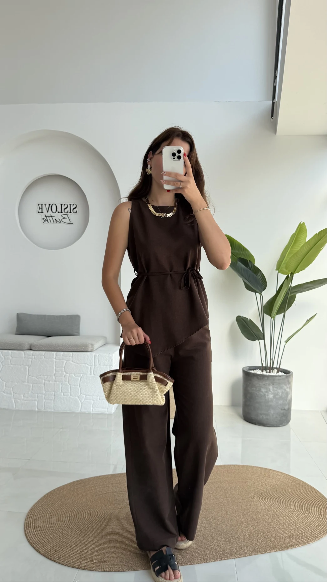 Adel Kuşaklı Asimetrik Bluz Pantolon Takım - Kahve - 8784