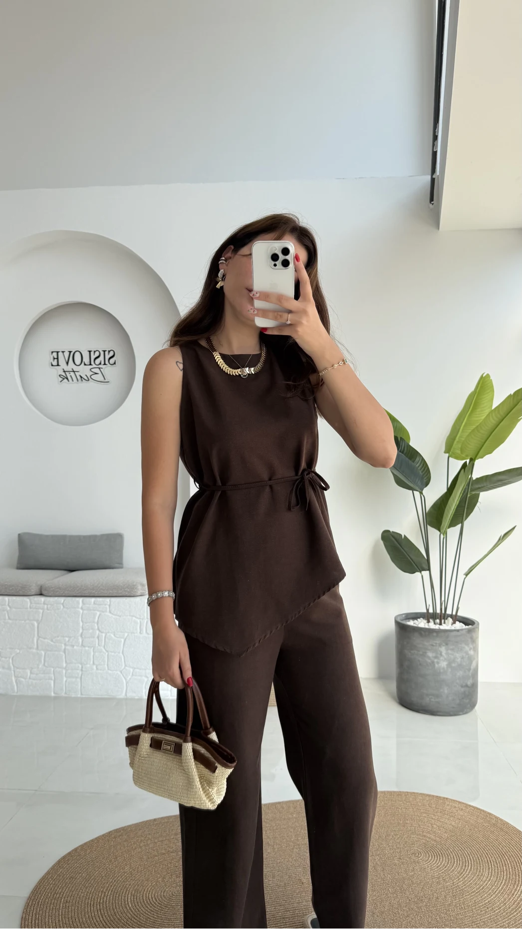 Adel Kuşaklı Asimetrik Bluz Pantolon Takım - Kahve - 8784