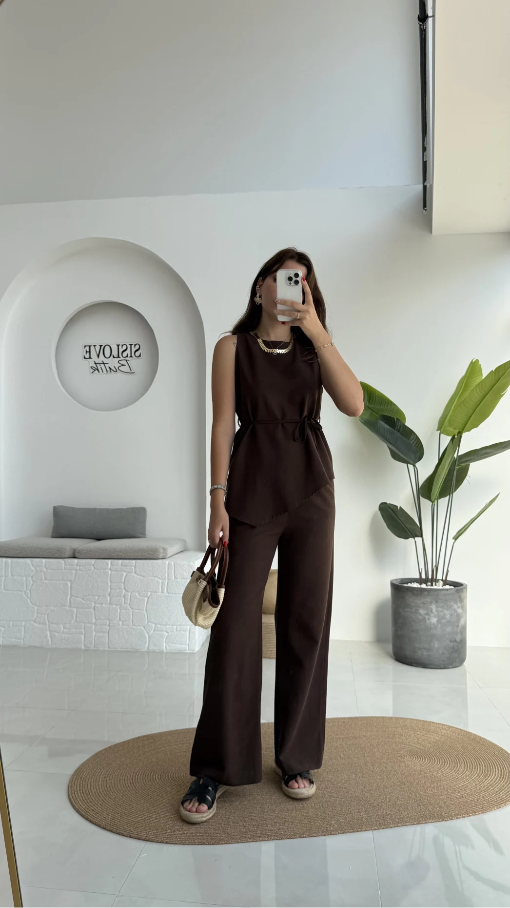 Adel Kuşaklı Asimetrik Bluz Pantolon Takım - Kahve - 8784