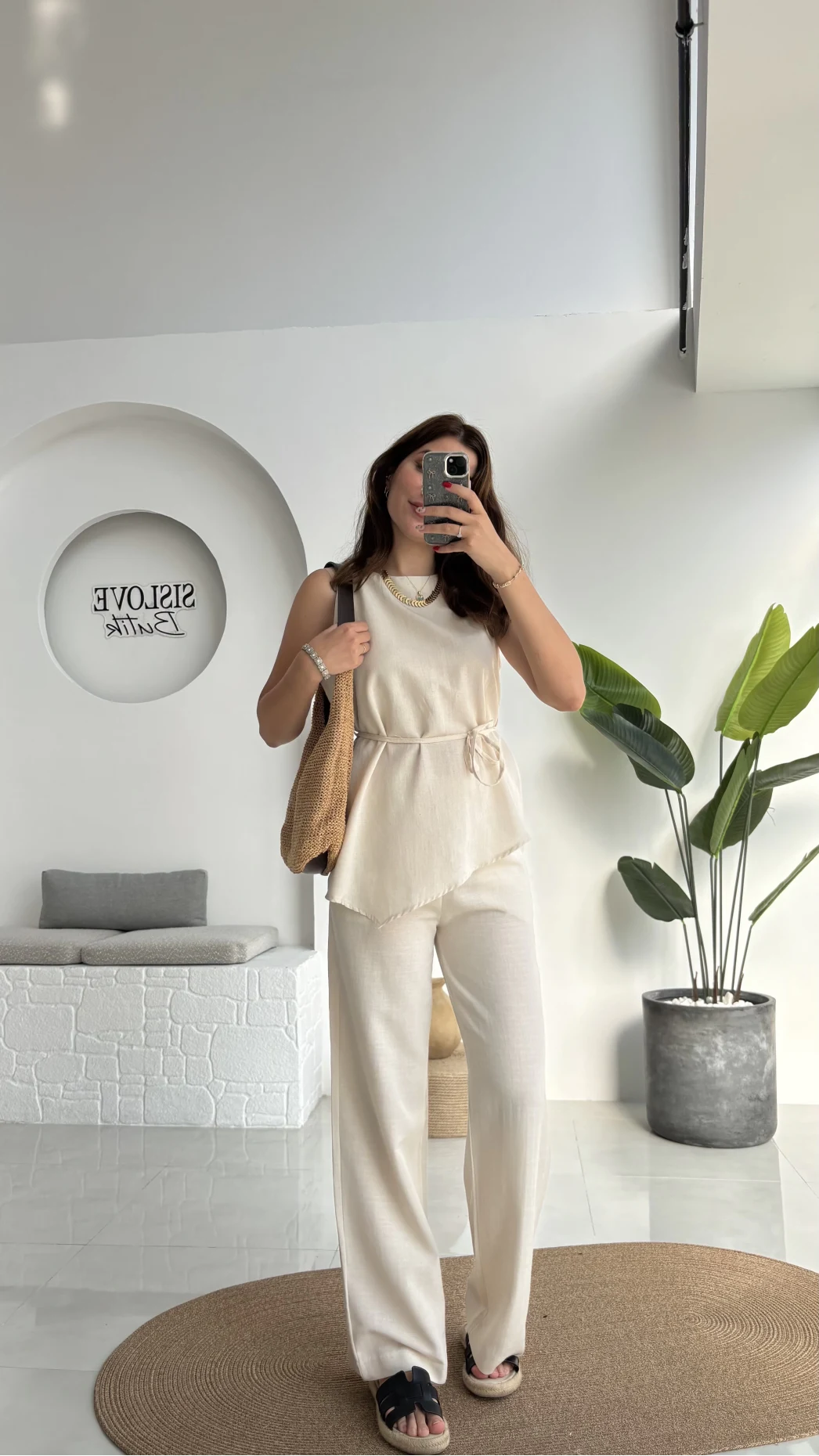 Adel Kuşaklı Asimetrik Bluz Pantolon Takım - Natural - 8784