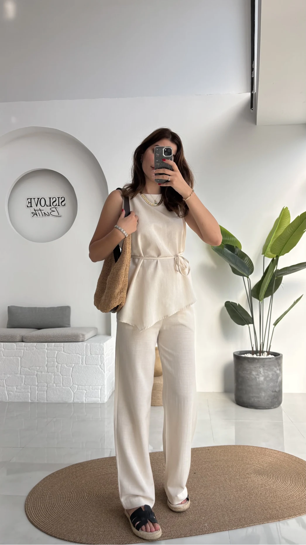 Adel Kuşaklı Asimetrik Bluz Pantolon Takım - Natural - 8784