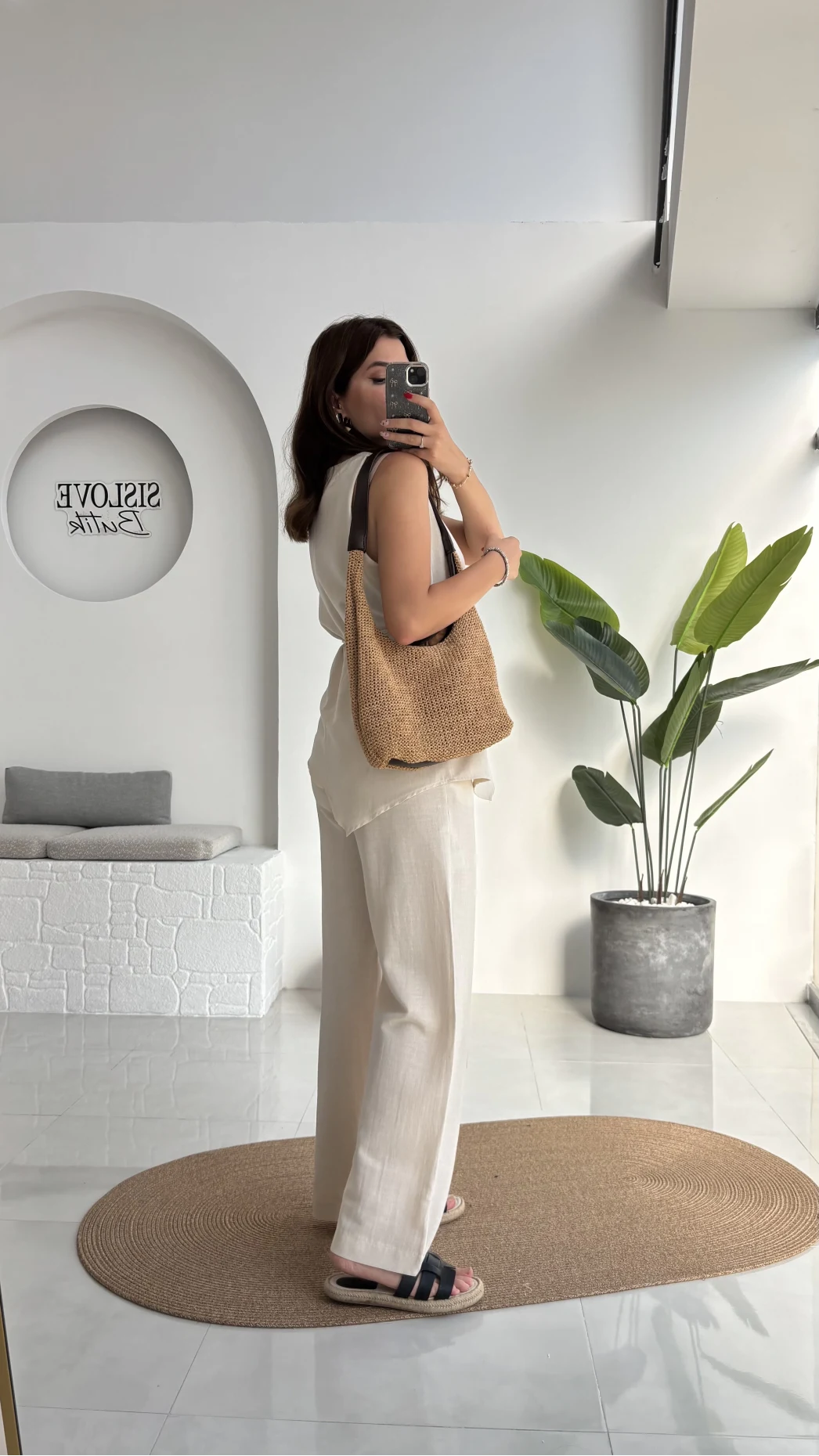Adel Kuşaklı Asimetrik Bluz Pantolon Takım - Natural - 8784