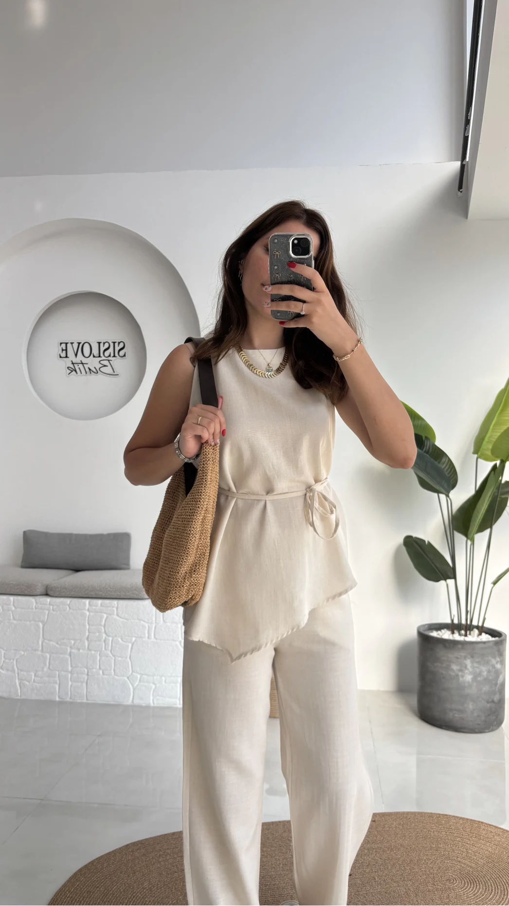 Adel Kuşaklı Asimetrik Bluz Pantolon Takım - Natural - 8784
