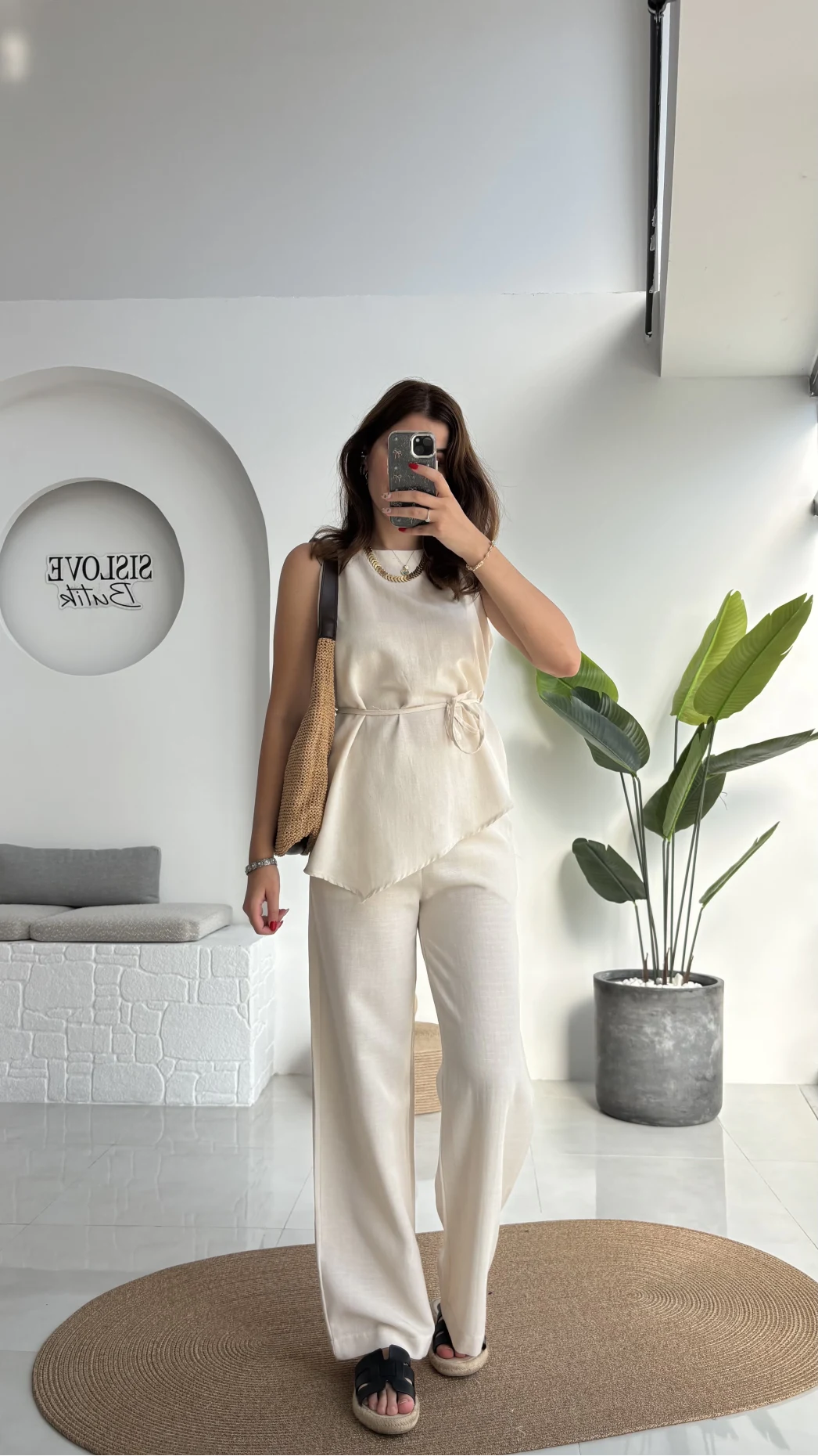 Adel Kuşaklı Asimetrik Bluz Pantolon Takım - Natural - 8784