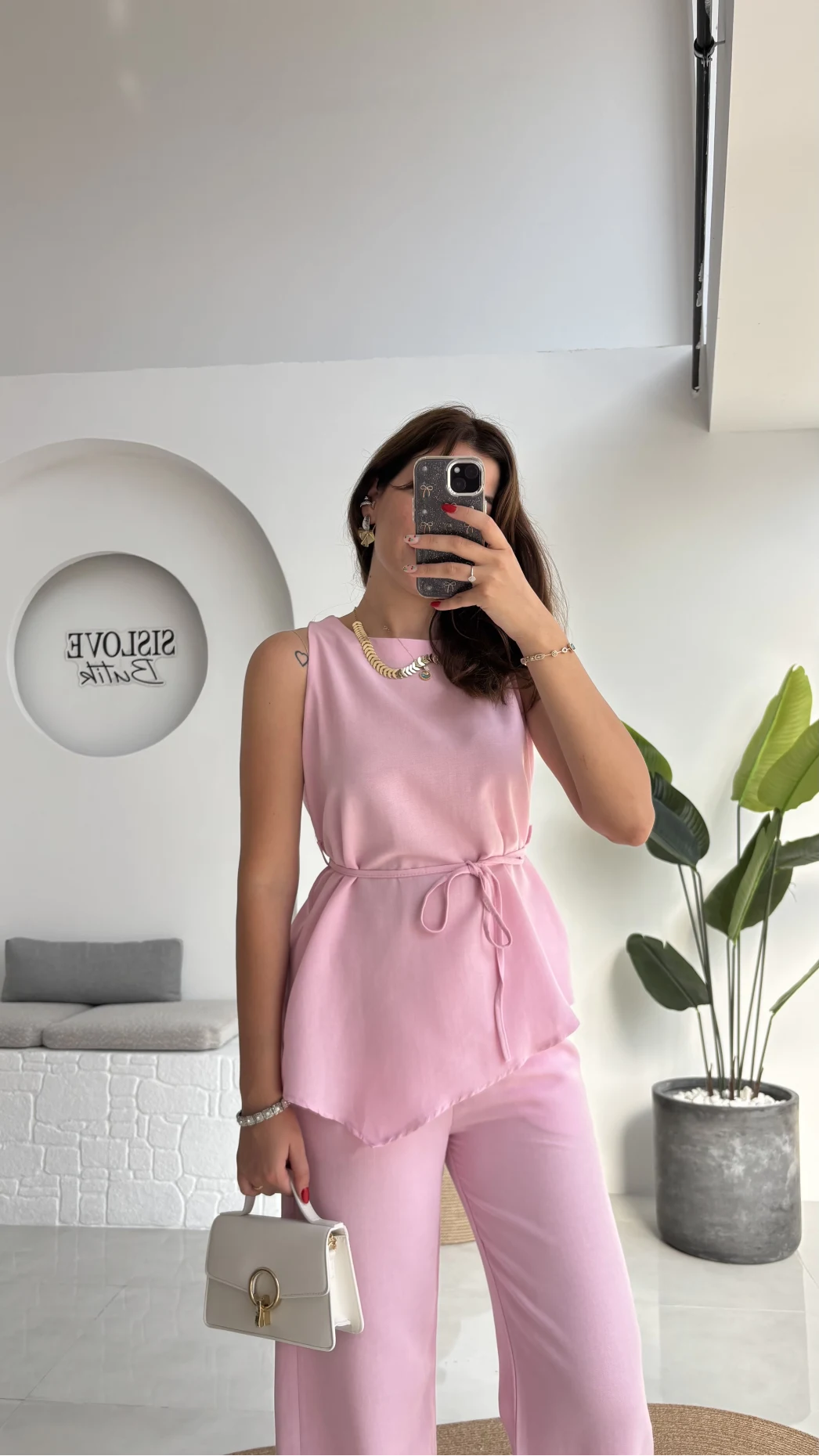 Adel Kuşaklı Asimetrik Bluz Pantolon Takım - Pembe - 8784