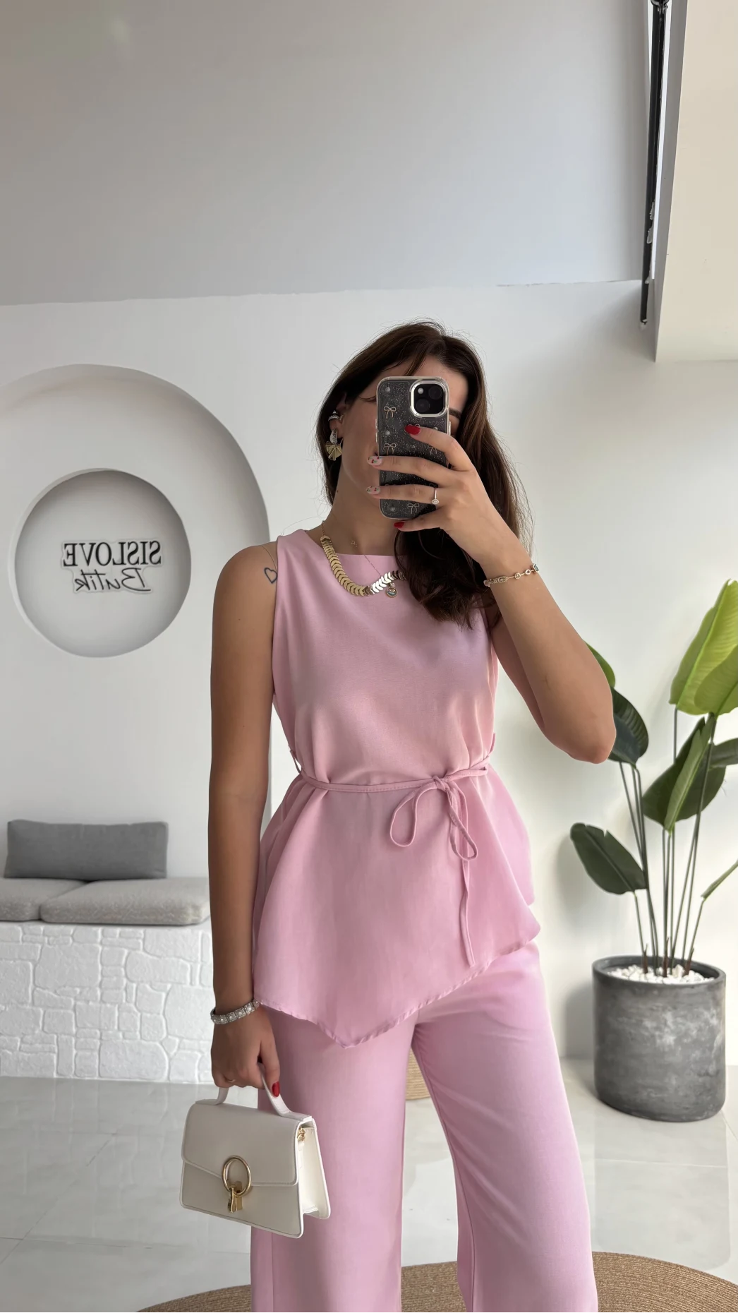 Adel Kuşaklı Asimetrik Bluz Pantolon Takım - Pembe - 8784
