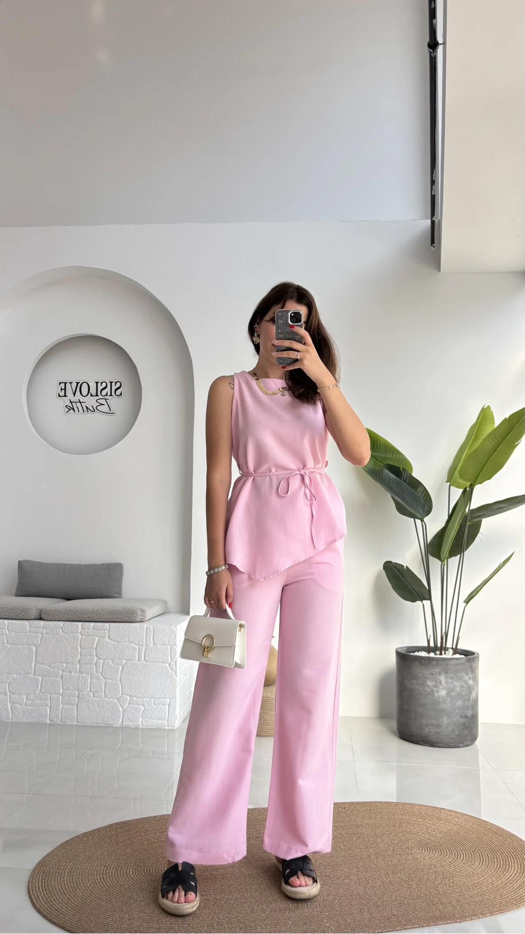 Adel Kuşaklı Asimetrik Bluz Pantolon Takım - Pembe - 8784