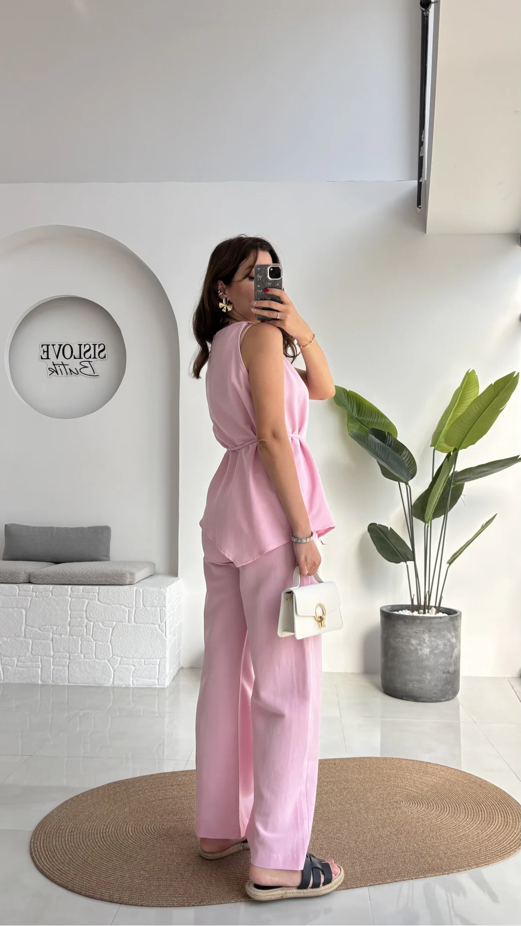 Adel Kuşaklı Asimetrik Bluz Pantolon Takım - Pembe - 8784