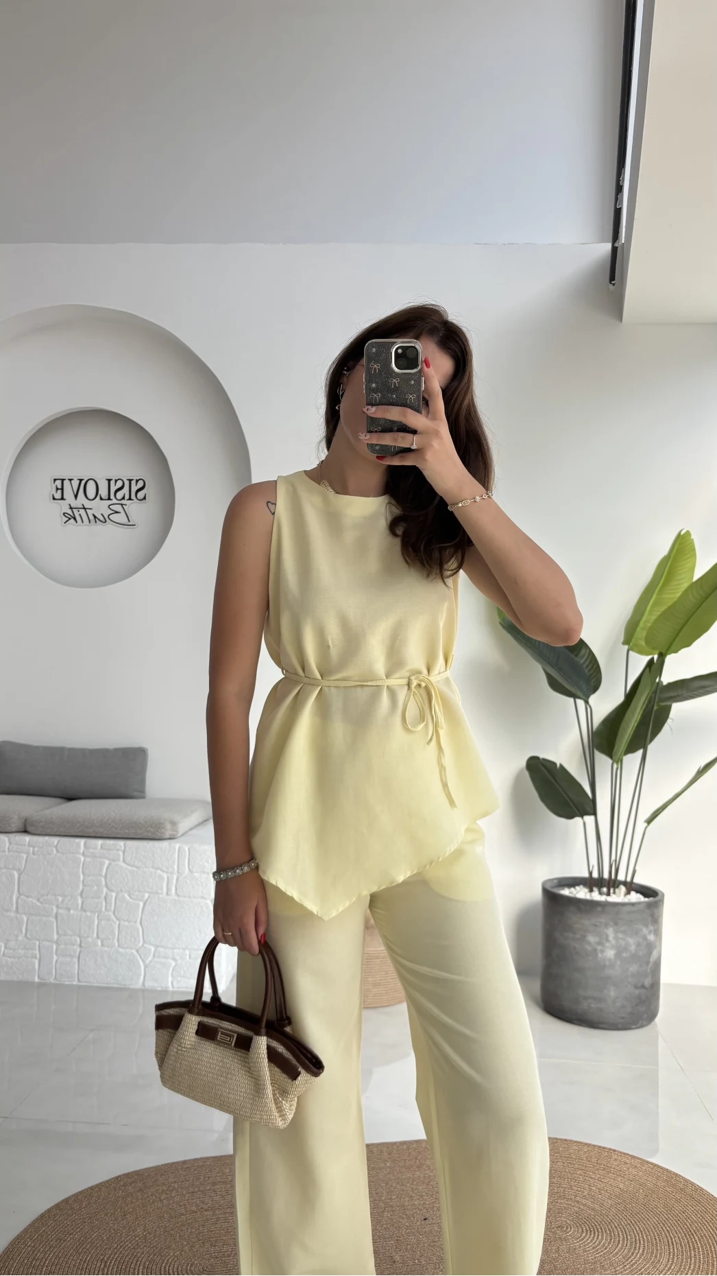 Adel Kuşaklı Asimetrik Bluz Pantolon Takım - Sarı - 8784