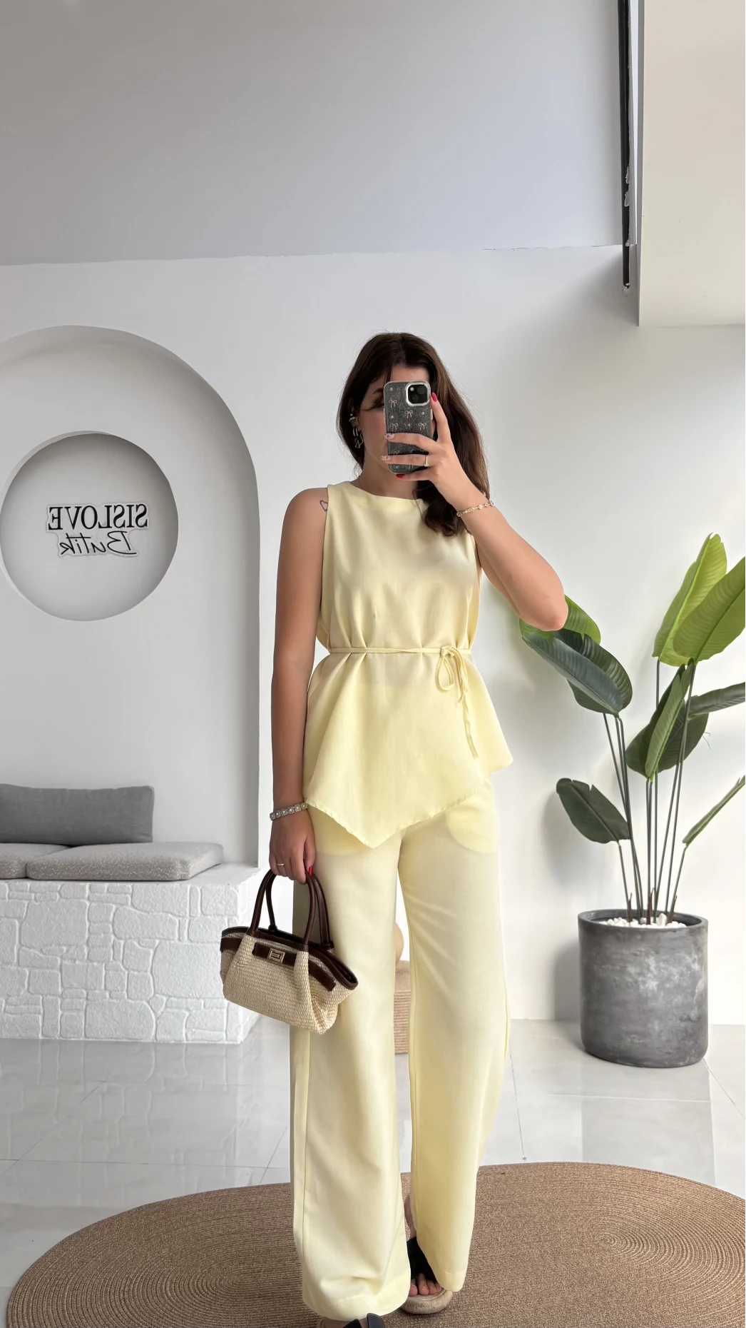 Adel Kuşaklı Asimetrik Bluz Pantolon Takım - Sarı - 8784