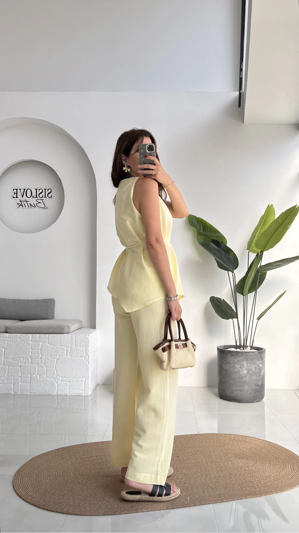 Adel Kuşaklı Asimetrik Bluz Pantolon Takım - Sarı - 8784