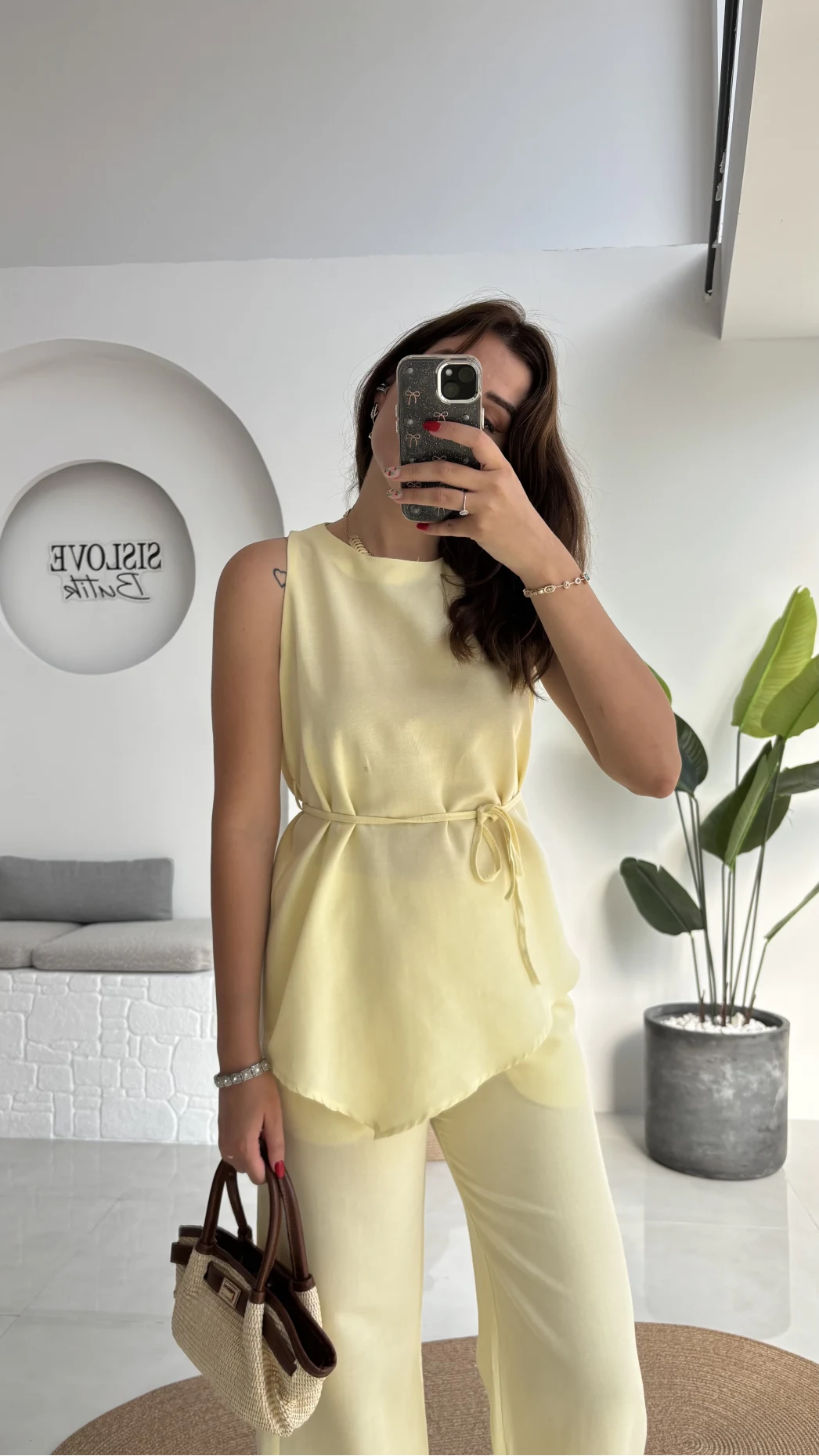 Adel Kuşaklı Asimetrik Bluz Pantolon Takım - Sarı - 8784