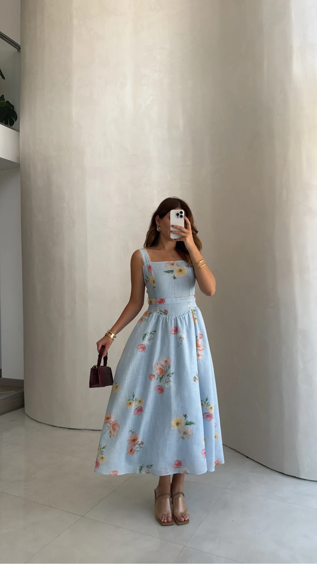 Adira Askılı Kuşaklı Çiçek Desenli Elbise - Mavi - Kod: 3207
