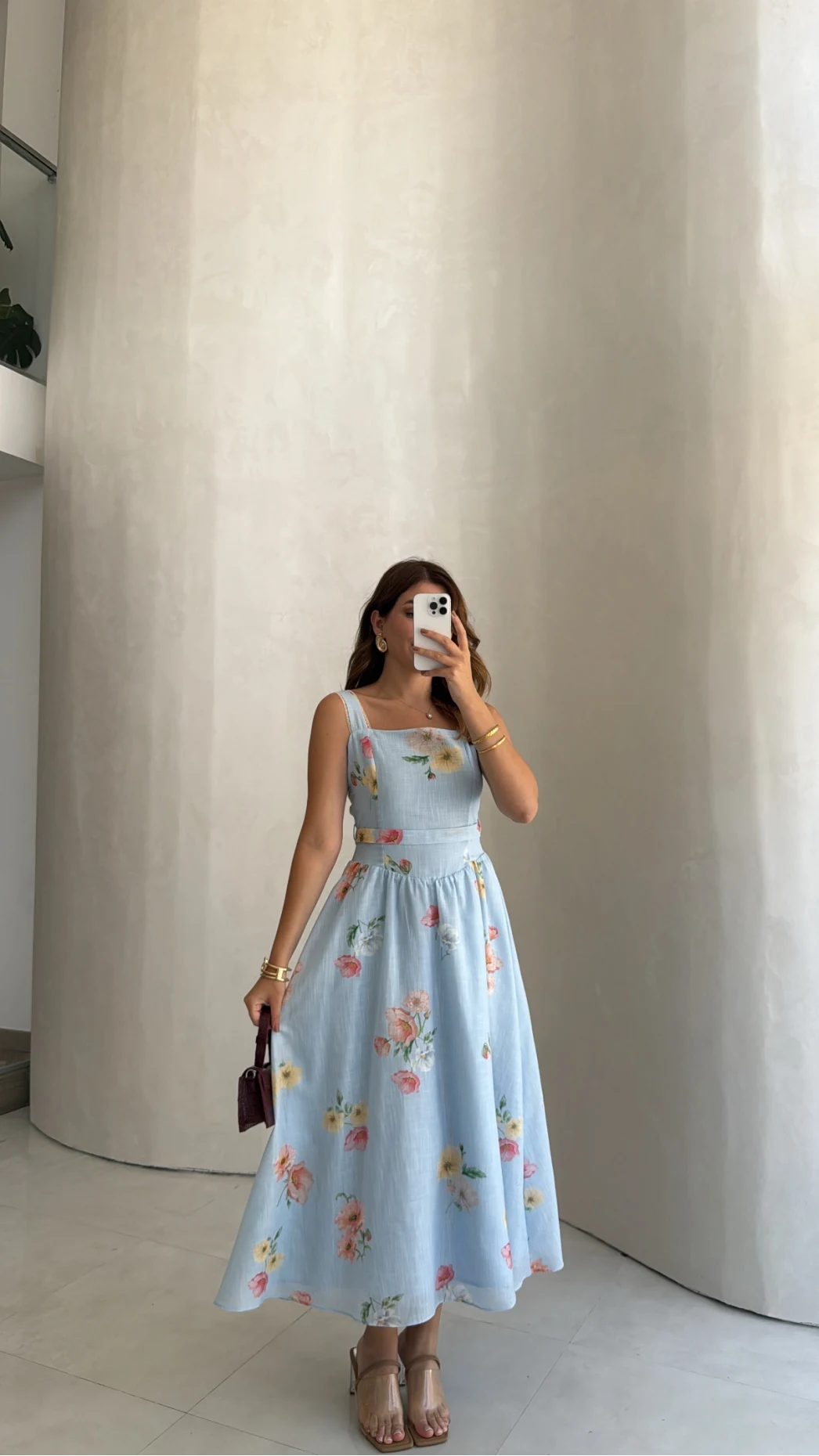 Adira Askılı Kuşaklı Çiçek Desenli Elbise - Mavi - Kod: 3207