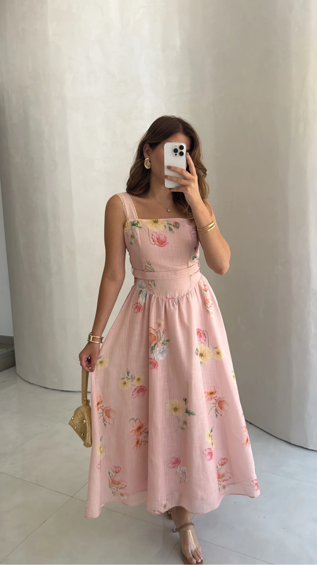 Adira Askılı Kuşaklı Çiçek Desenli Elbise - Pembe - Kod: 3207