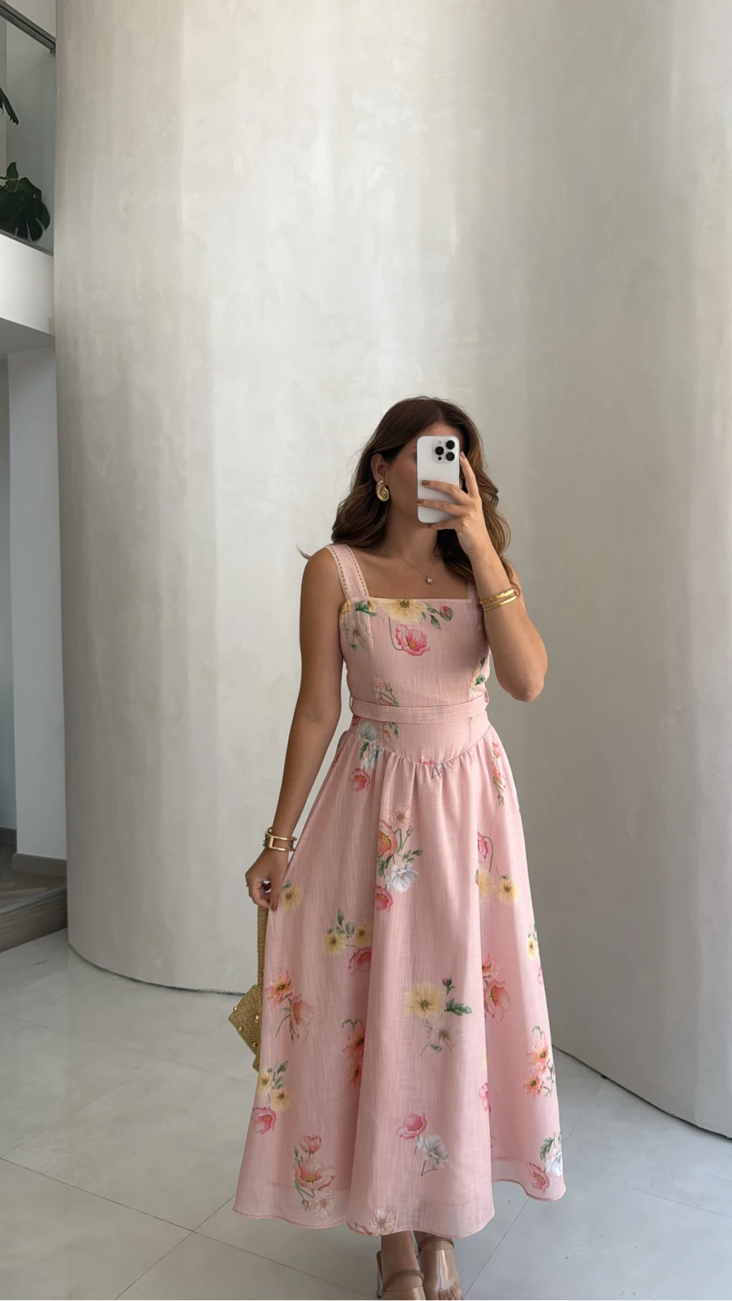 Adira Askılı Kuşaklı Çiçek Desenli Elbise - Pembe - Kod: 3207