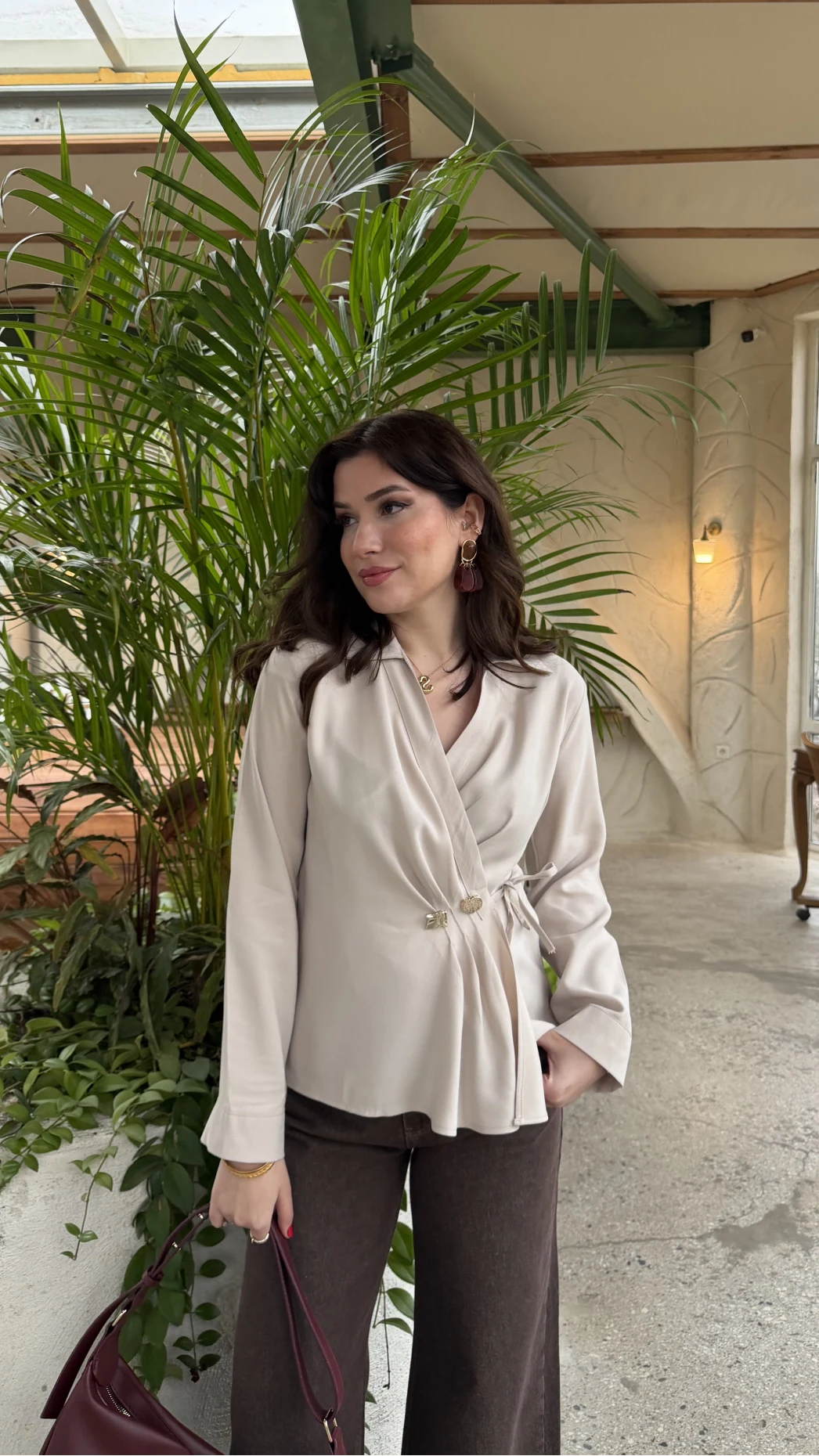 Aksesuar Detay Kimono Gömlek - Taş - Kod: 2203