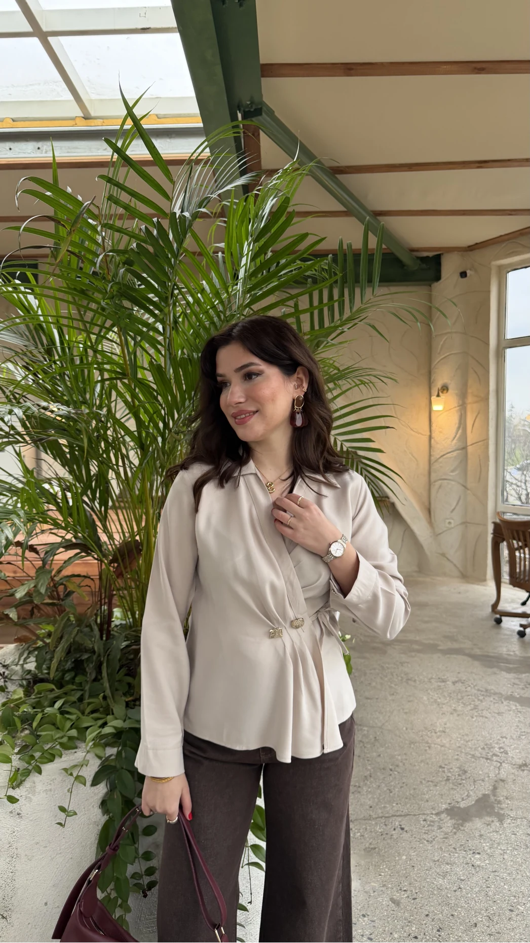 Aksesuar Detay Kimono Gömlek - Taş - Kod: 2203