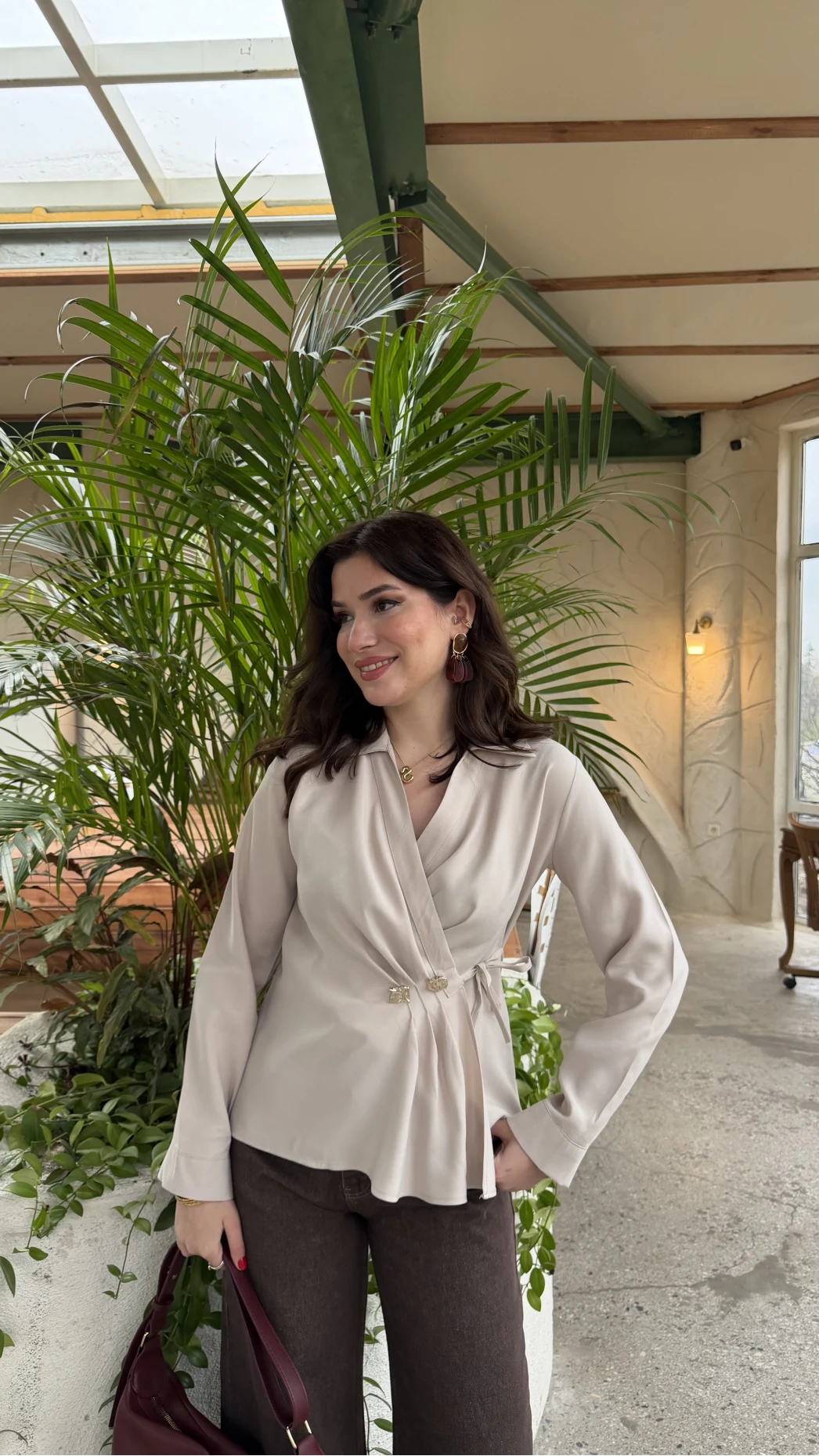 Aksesuar Detay Kimono Gömlek - Taş - Kod: 2203