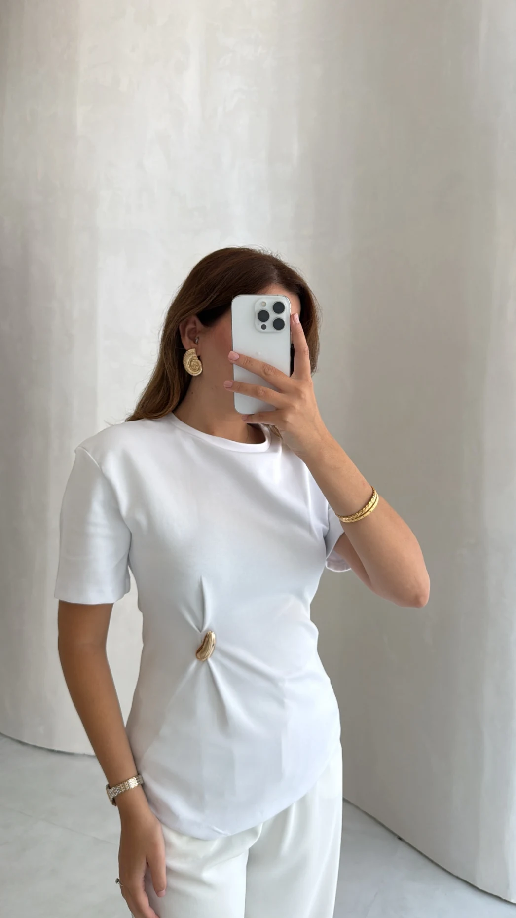 Aksesuar Detay Yarım Kol Bluz - Beyaz - Kod: 32445