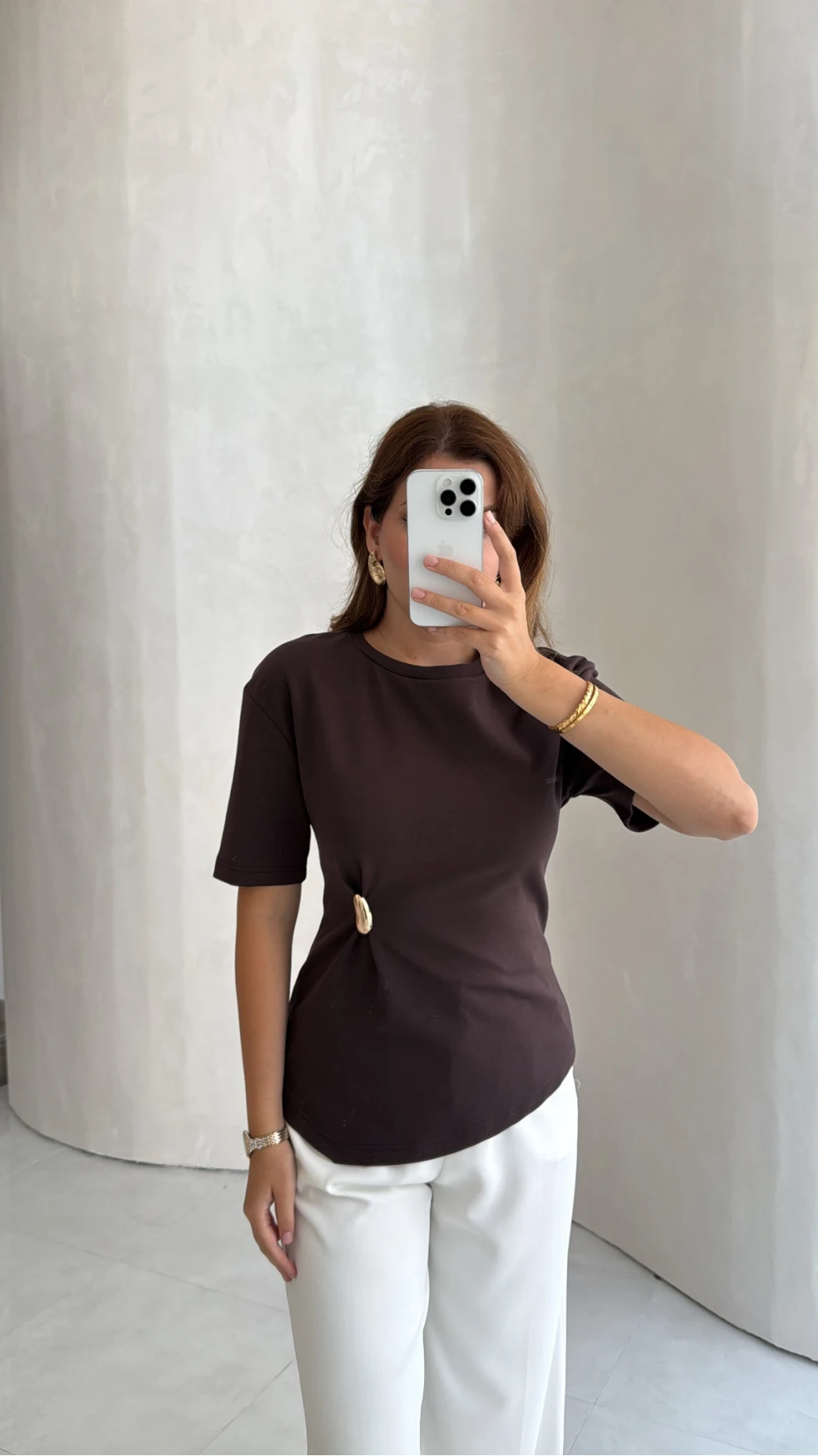 Aksesuar Detay Yarım Kol Bluz - Kahve - Kod: 32445
