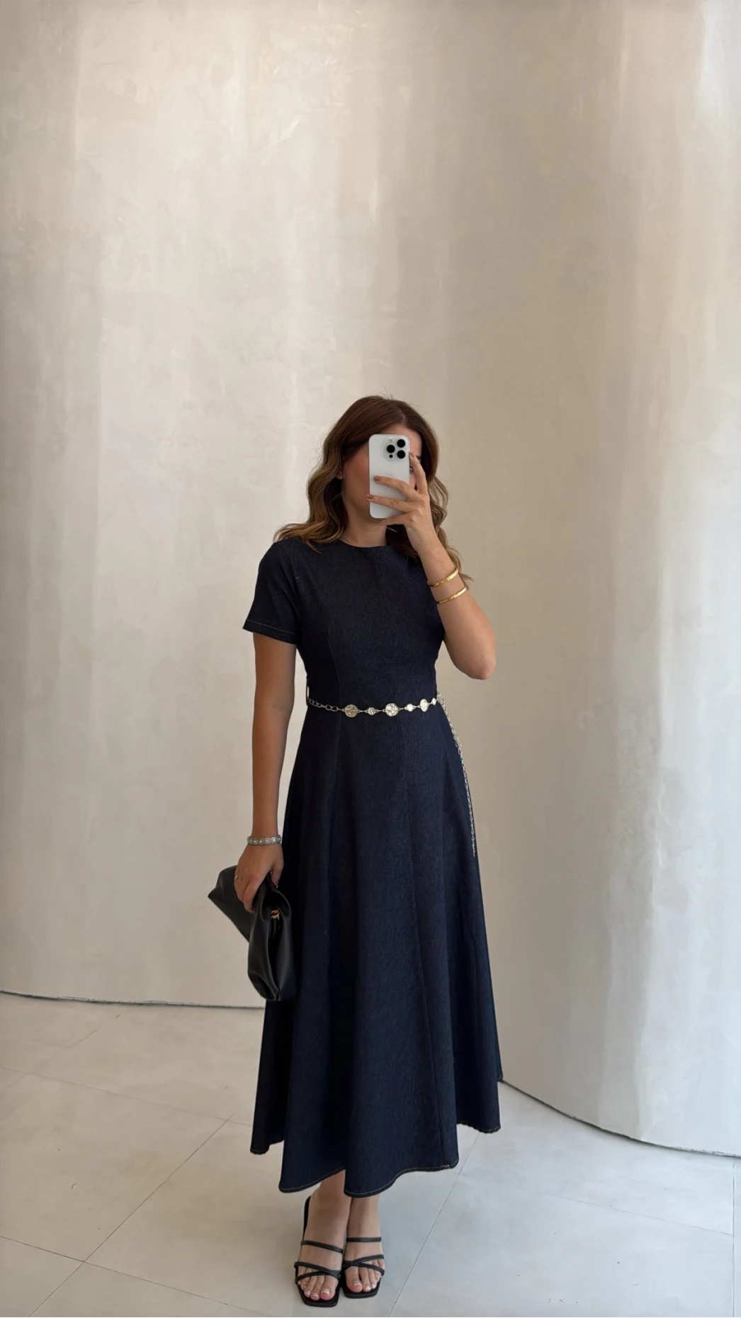 Aksesuar Kemerli Denim Elbise - Lacivert - Kod: 1056